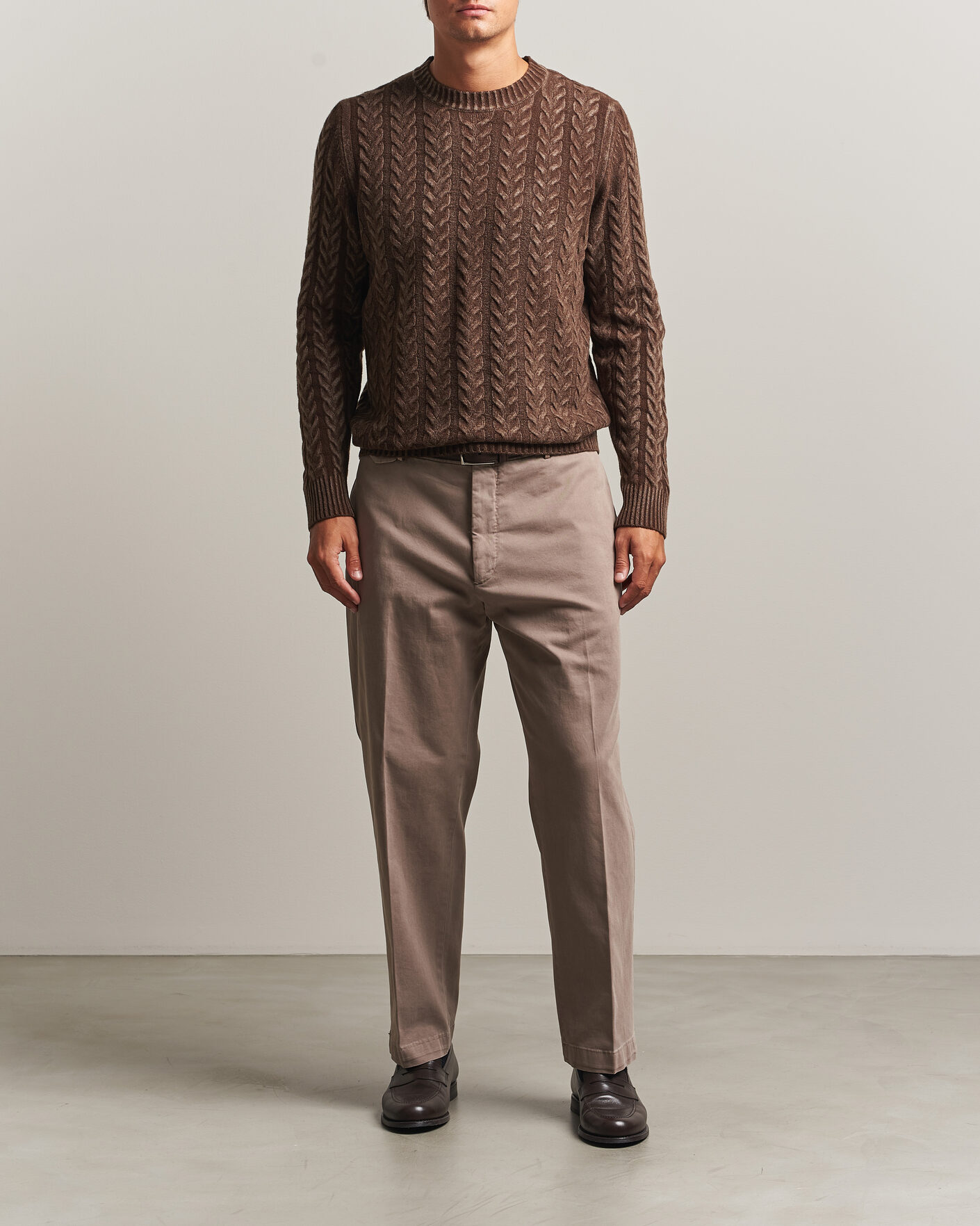 Uomini | Maglieria | Morgano | Cable Knitted Brushed Dyed Wool Crew Brown