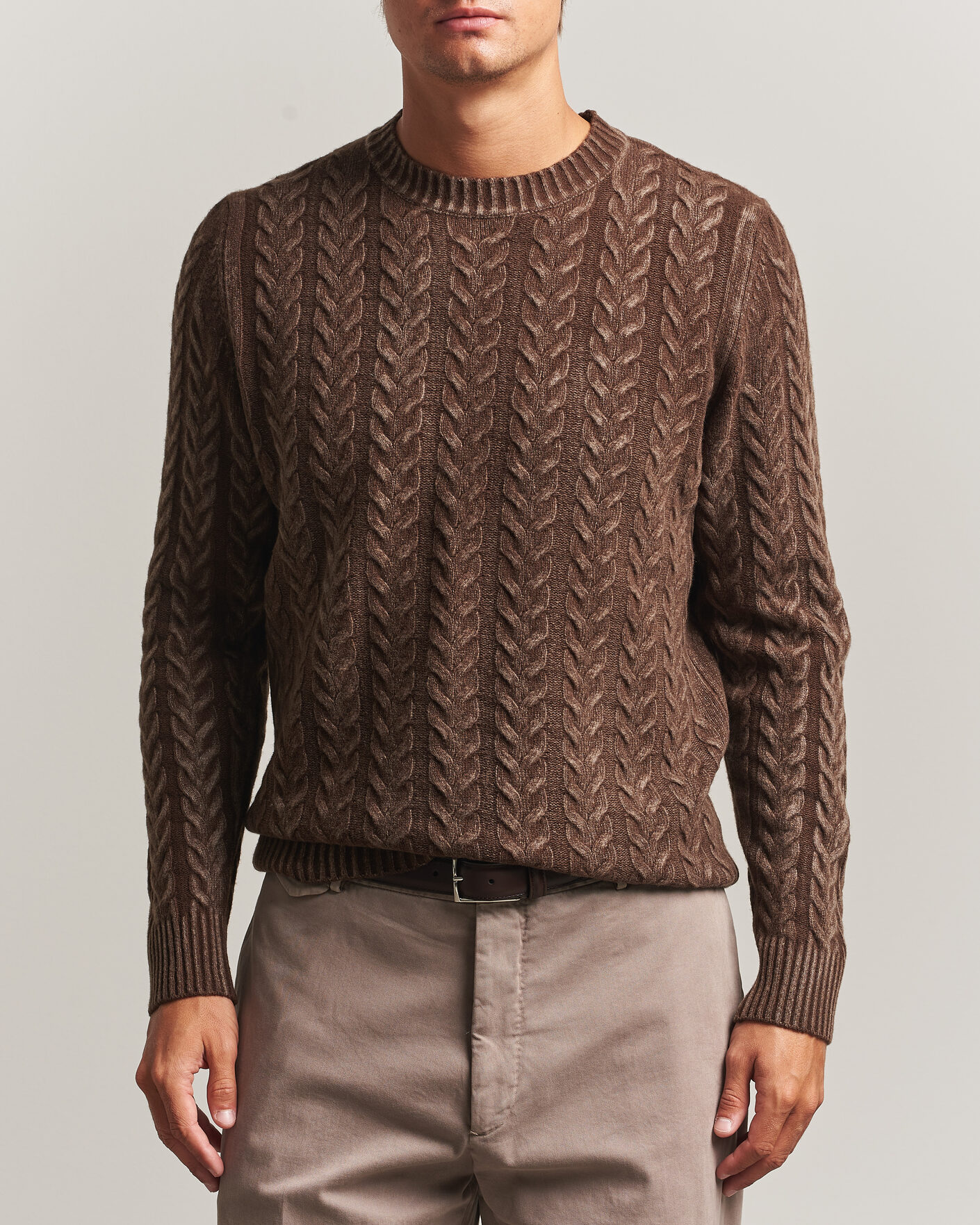 Uomini | Maglieria | Morgano | Cable Knitted Brushed Dyed Wool Crew Brown