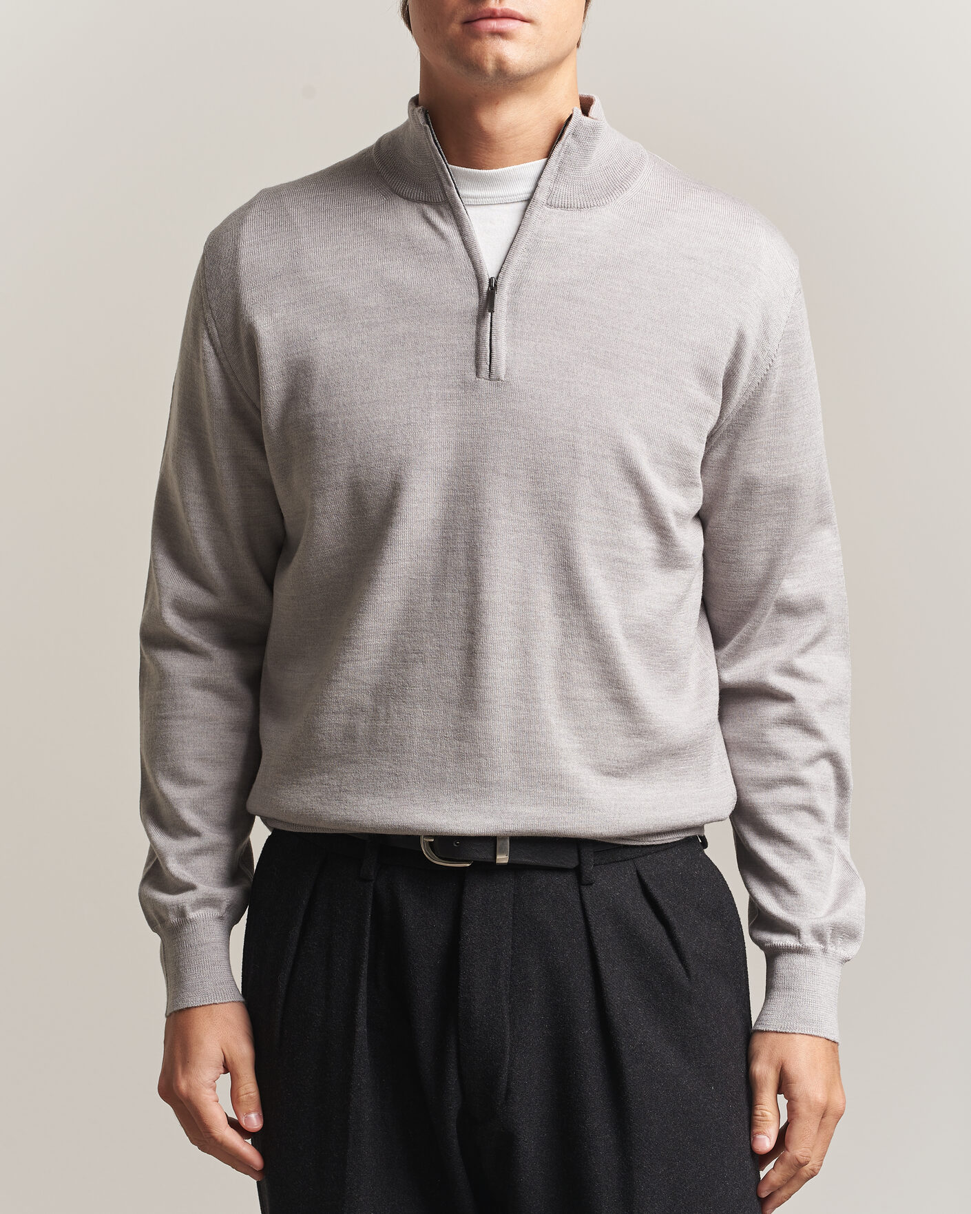 Uomini | Maglieria | Morgano | Extra Fine Merino Wool Half-Zip Light Grey