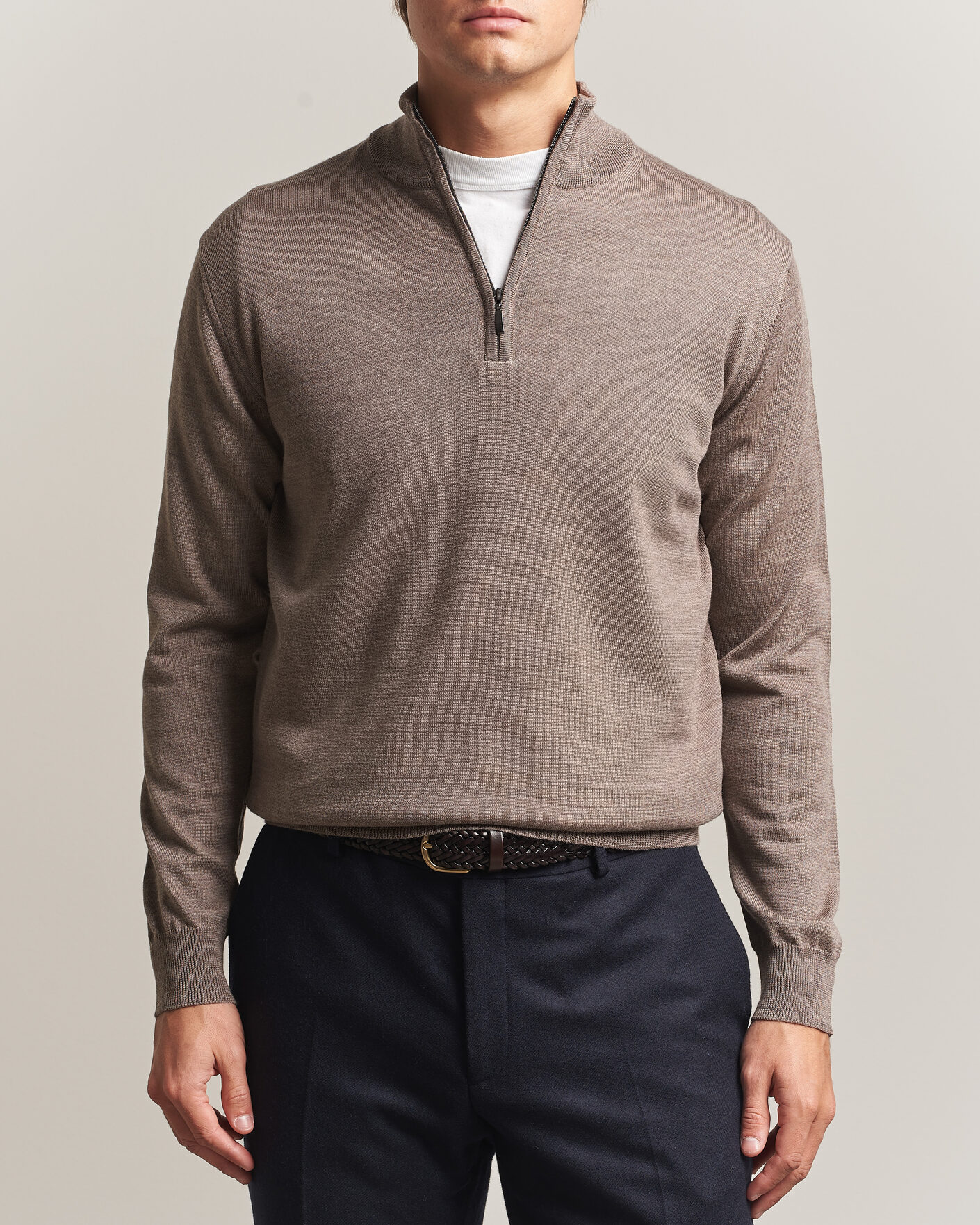 Uomini | Maglieria | Morgano | Extra Fine Merino Wool Half-Zip Mid Brown