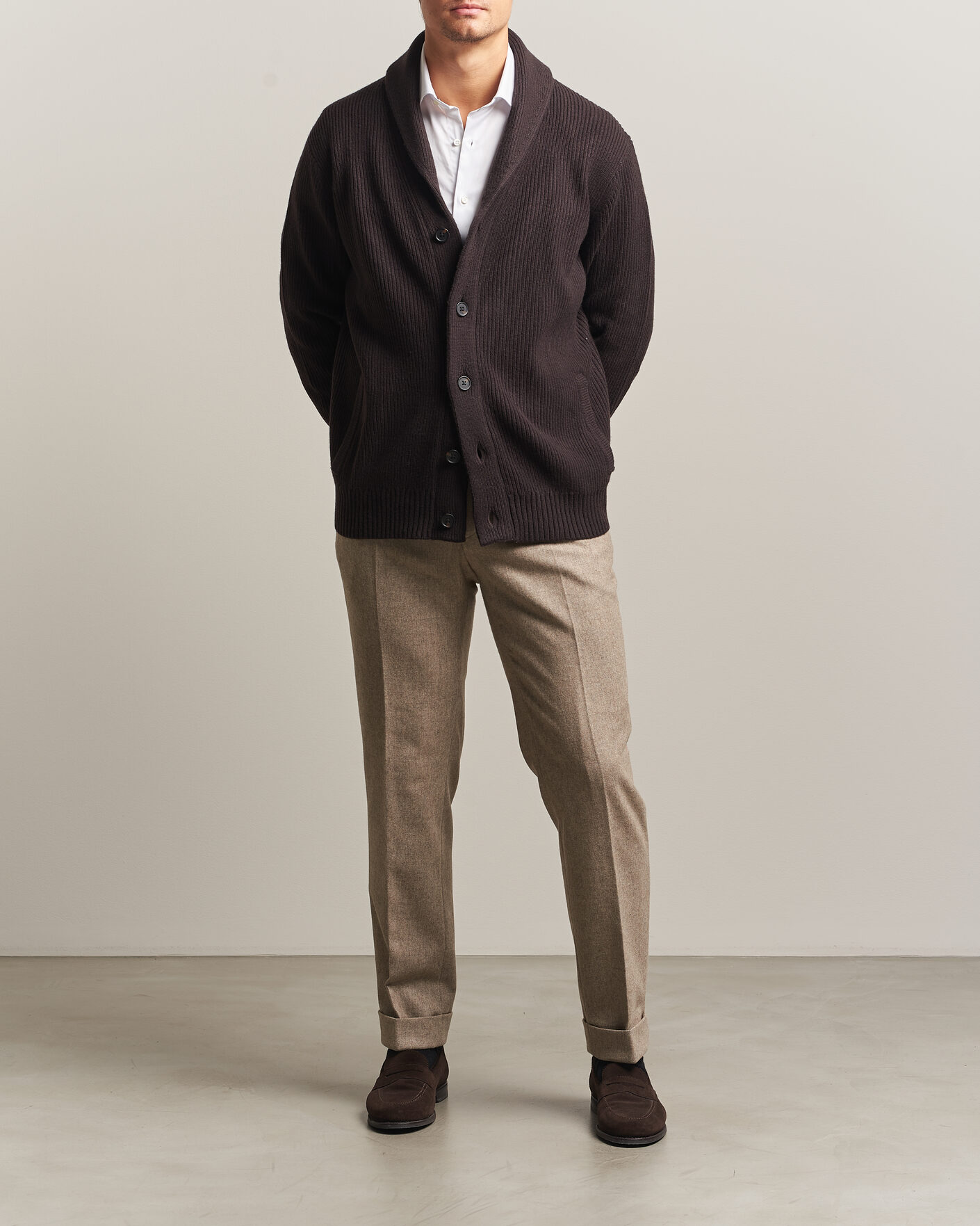 Uomini | Maglieria | Charles Tyrwhitt | Chunky Merino Shawl Neck Cardigan Chocolate