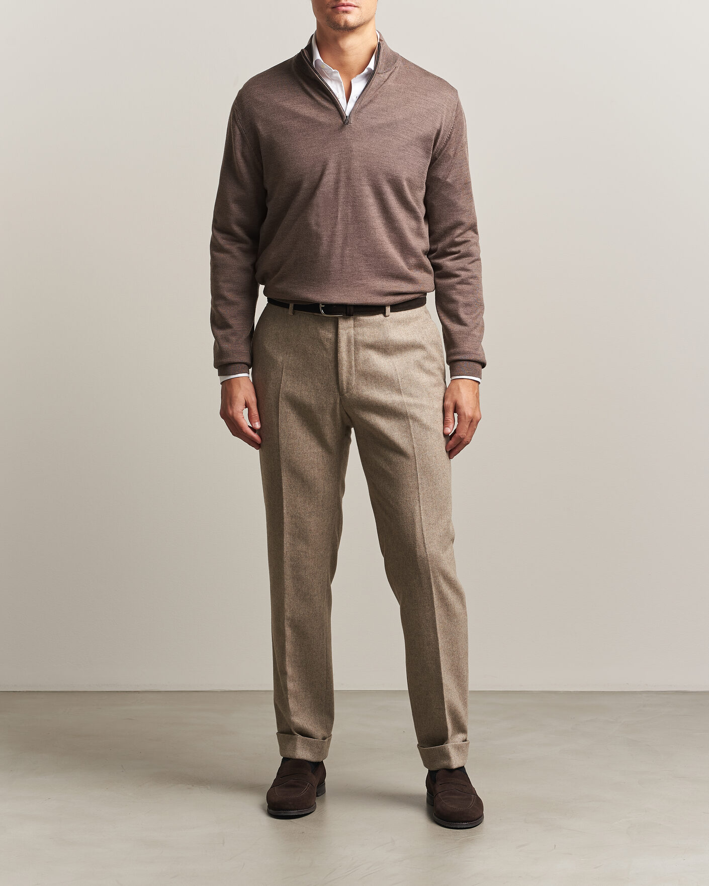 Uomini | Maglieria | Charles Tyrwhitt | Pure Merino Zip Neck Jumper Mocha