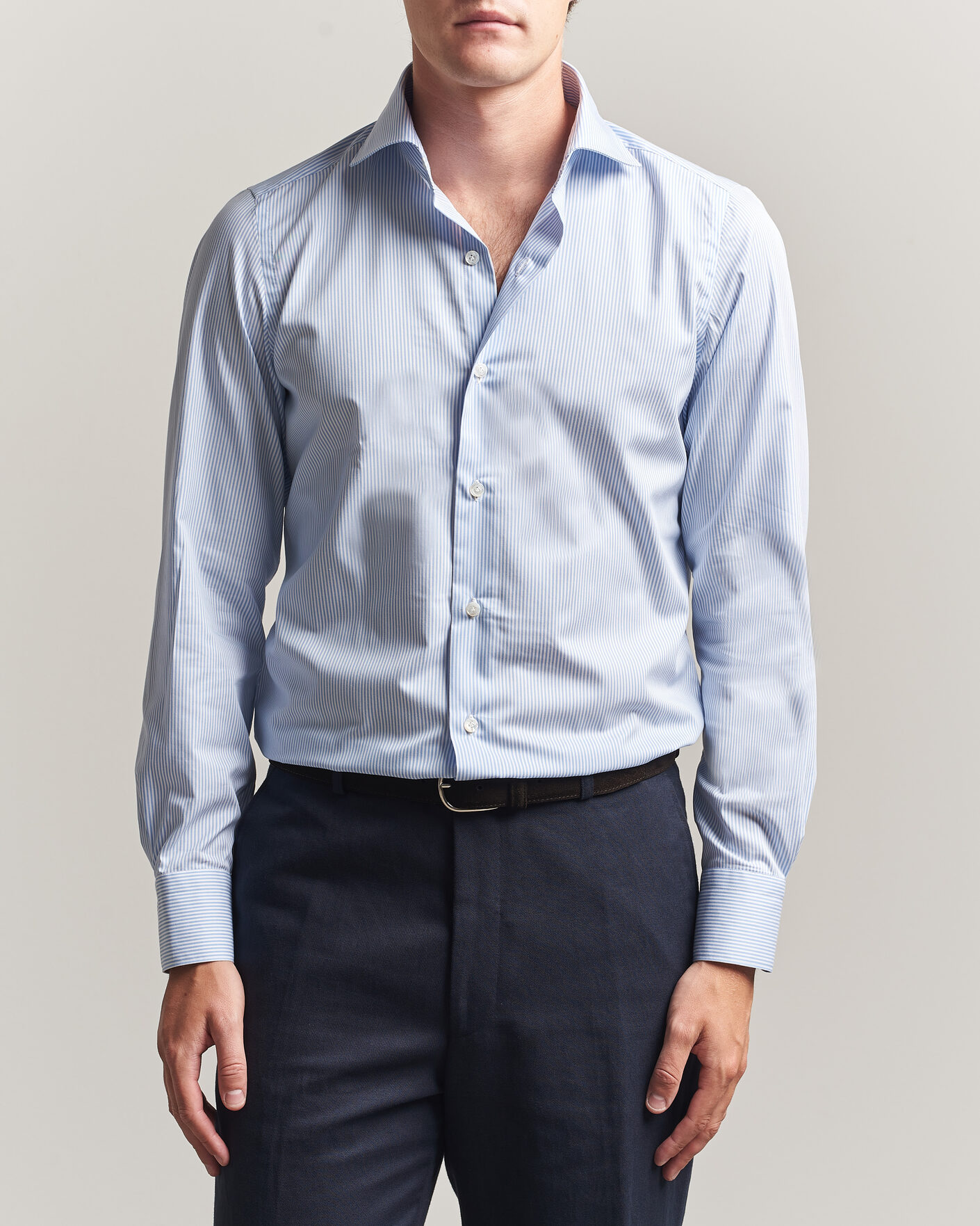 Uomini | Camicie | Finamore Napoli | Milano Slim Traveller Cotton Shirt Blue Stripe