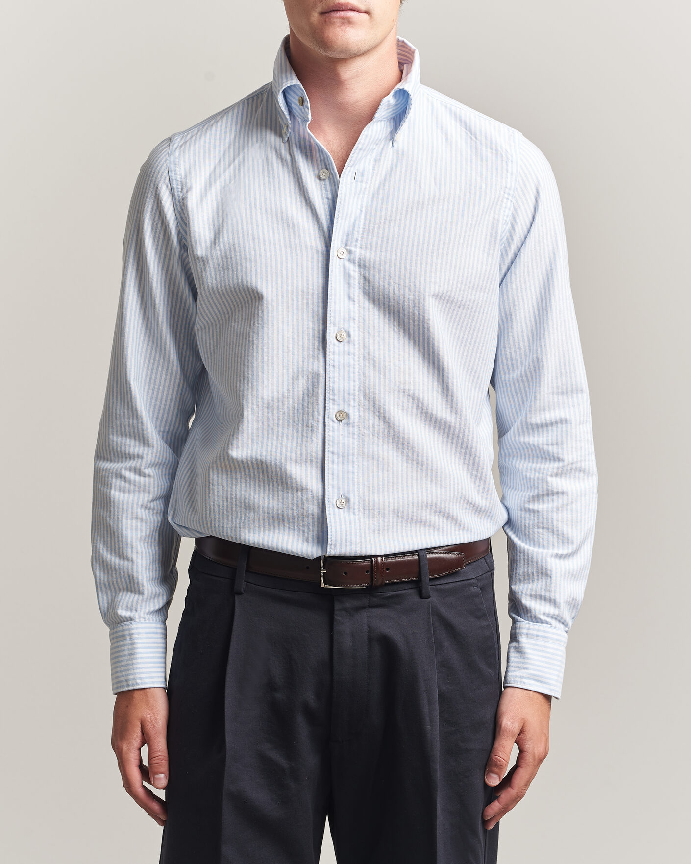 Uomini | Camicie | Finamore Napoli | Gaeta Oxford Button Down Shirt Light Blue Stripe