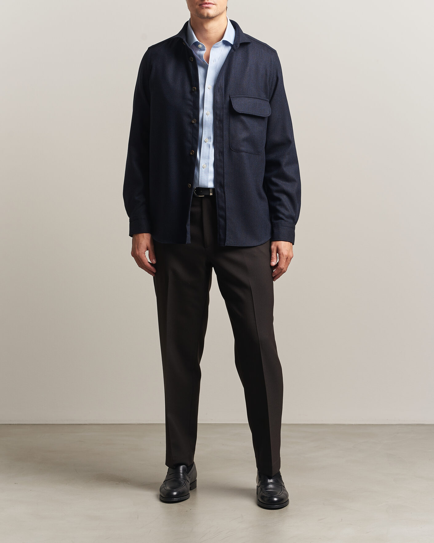 Uomini | Camicie | Finamore Napoli | Wool Herringbone Overshirt Navy