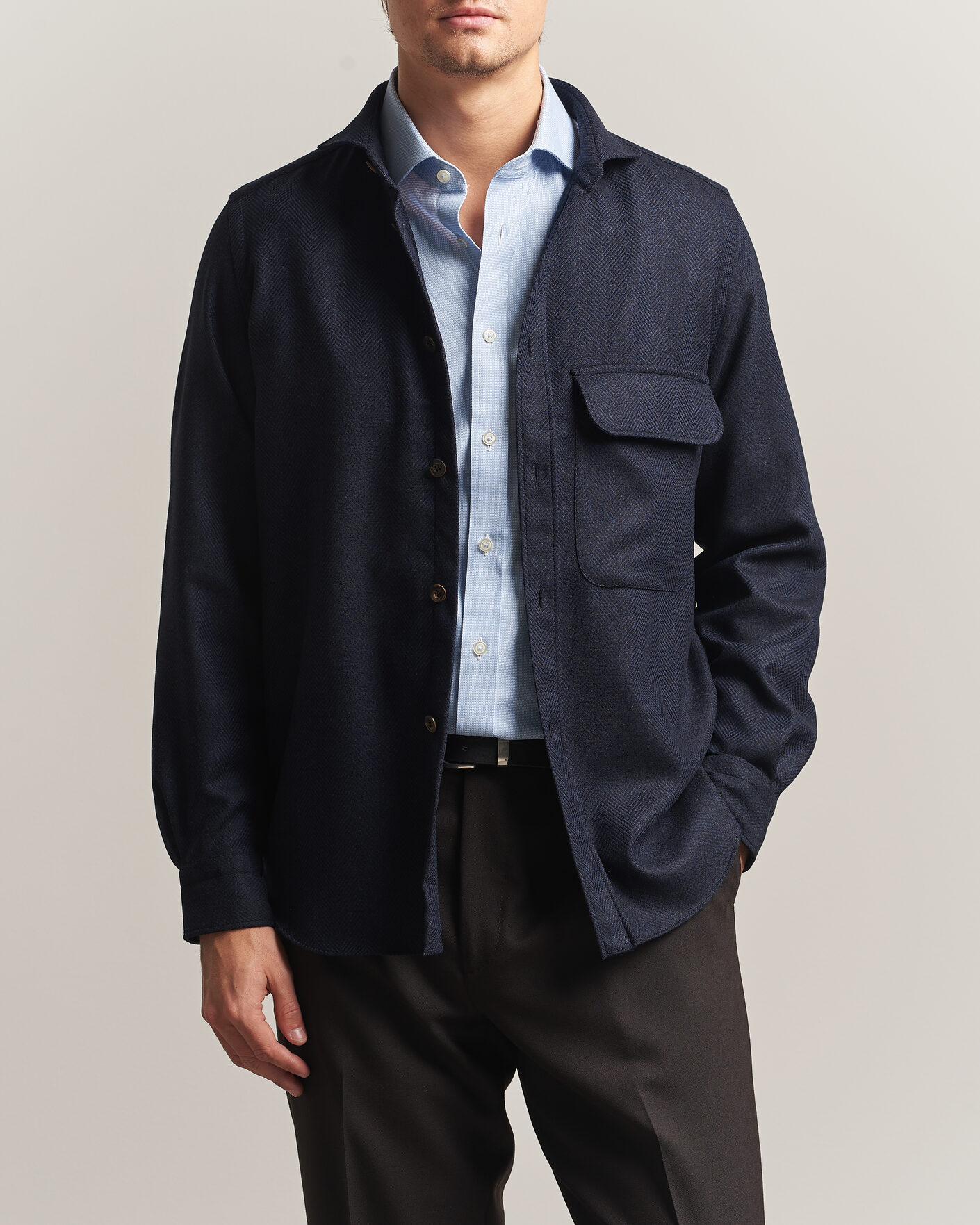 Uomini | Camicie | Finamore Napoli | Wool Herringbone Overshirt Navy