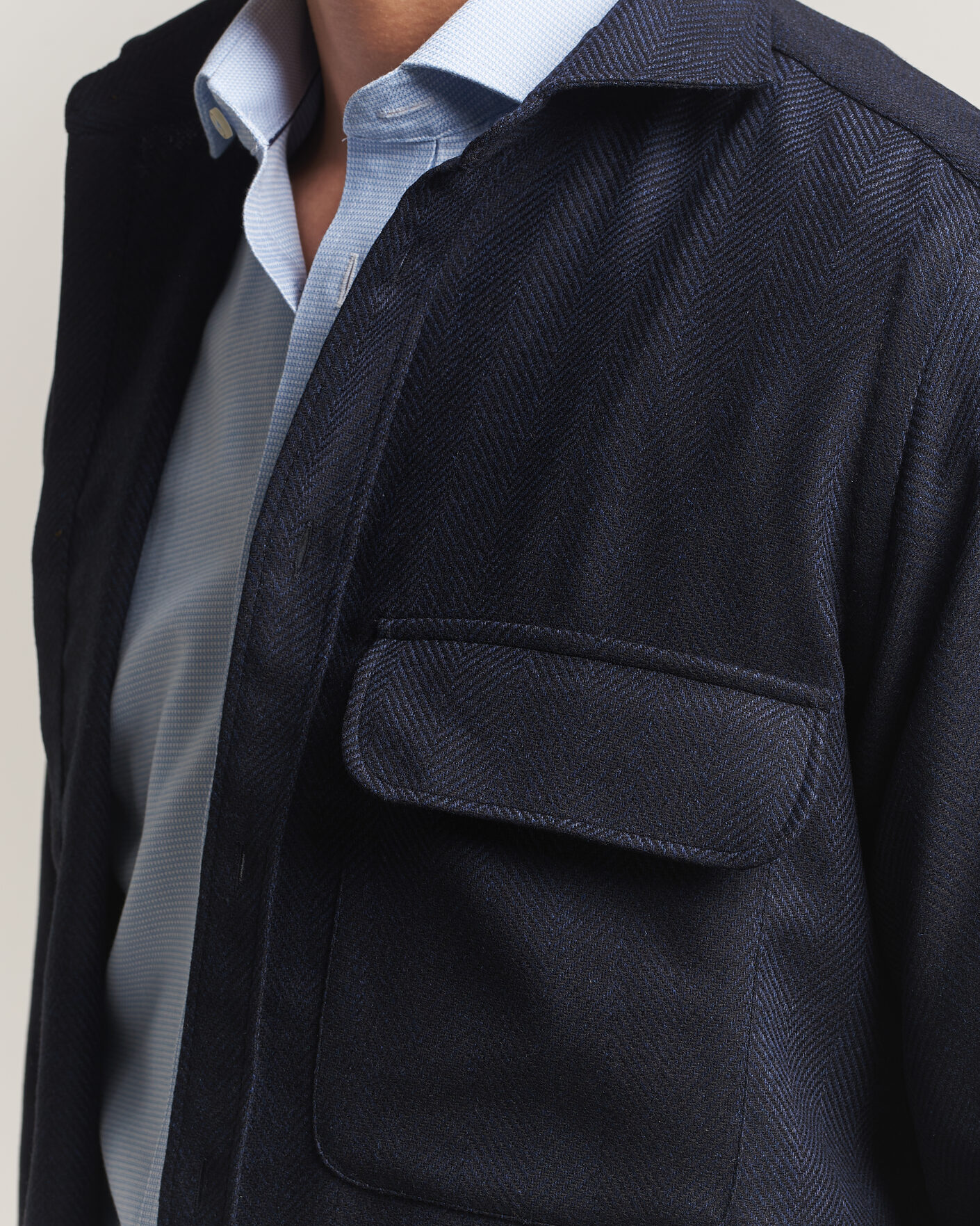 Uomini | Camicie | Finamore Napoli | Wool Herringbone Overshirt Navy