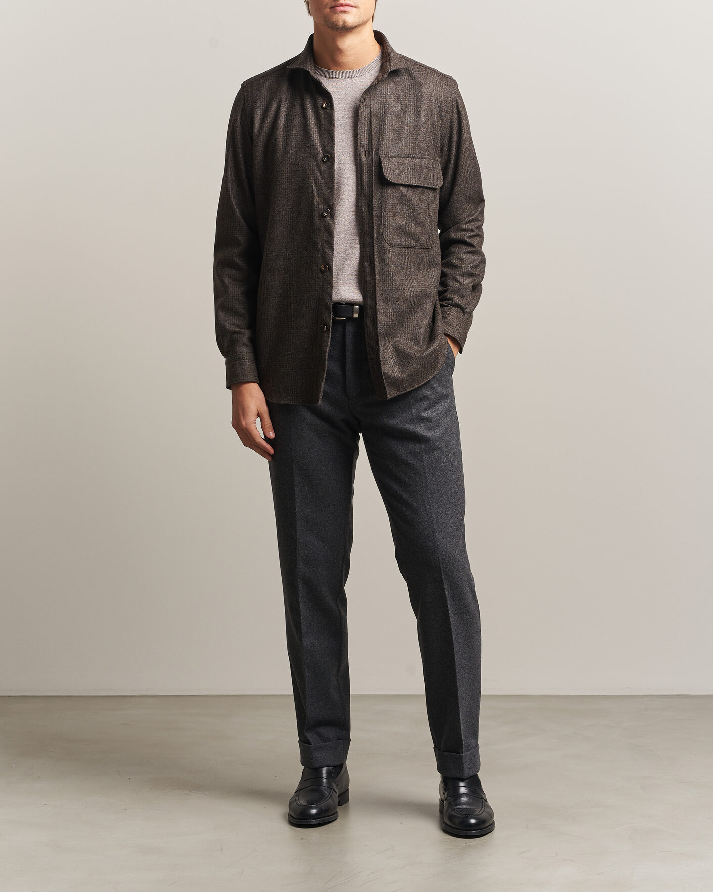 Uomini | Camicie | Finamore Napoli | Wool Houndstooth Overshirt Dark Brown