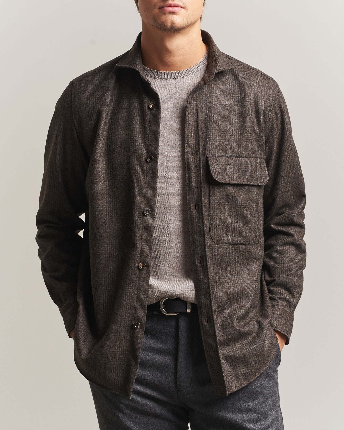 Uomini | Camicie | Finamore Napoli | Wool Houndstooth Overshirt Dark Brown