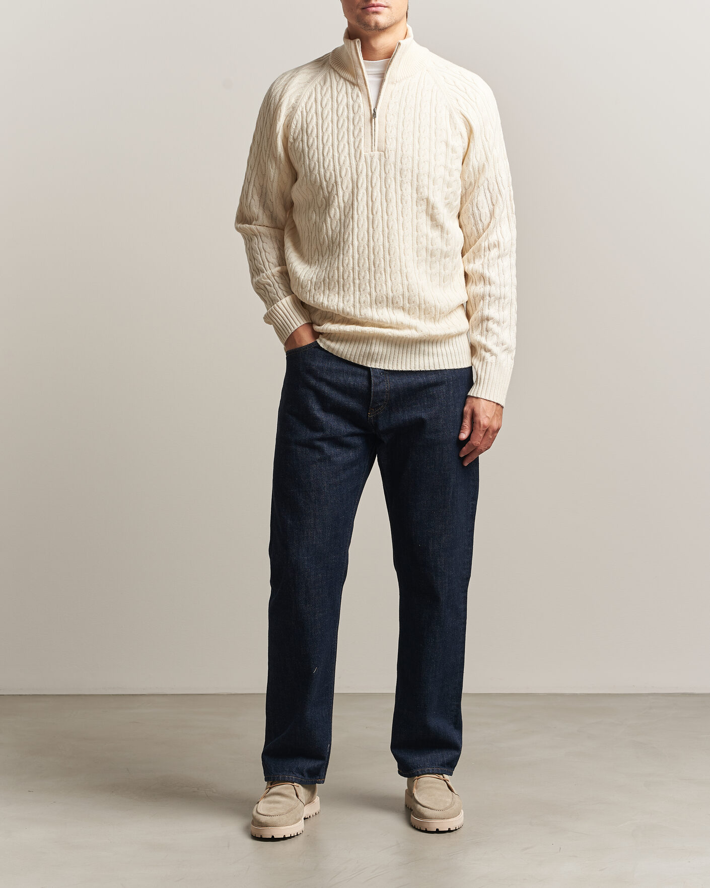 Uomini | Maglieria | BOSS BLACK | Furore Wool/Cashmere Cable Half Zip Open White