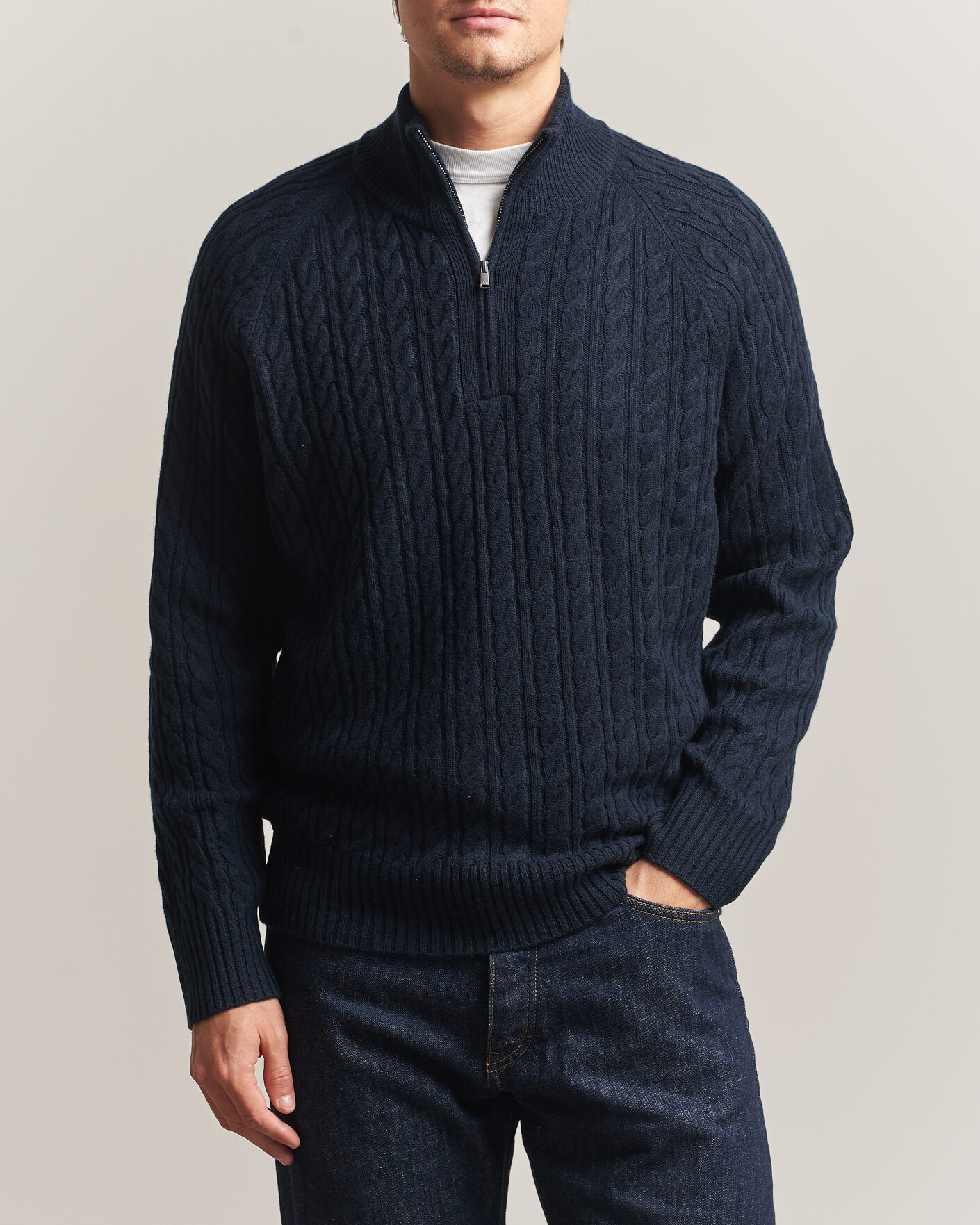 Uomini | Maglieria | BOSS BLACK | Furore Wool/Cashmere Cable Half Zip Dark Blue