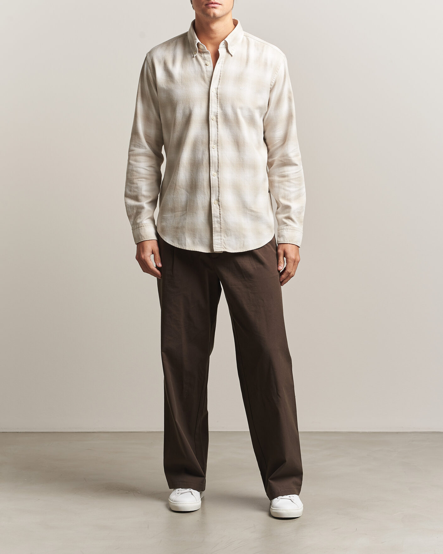 Uomini | Camicie | BOSS ORANGE | Rickert Brushed Cotton Checked Shirt Light Beige