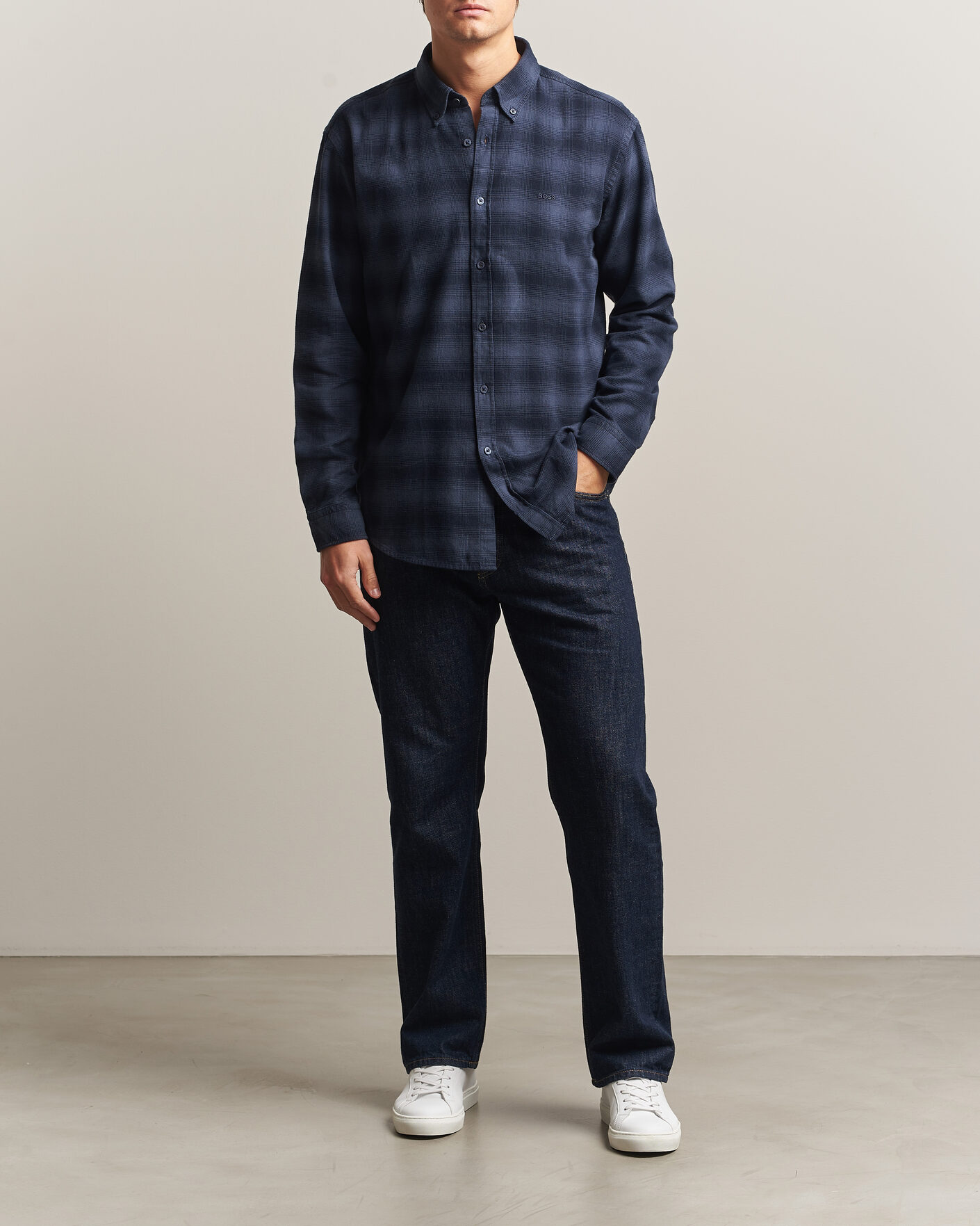 Uomini | Camicie | BOSS ORANGE | Rickert Brushed Cotton Checked Shirt Dark Blue