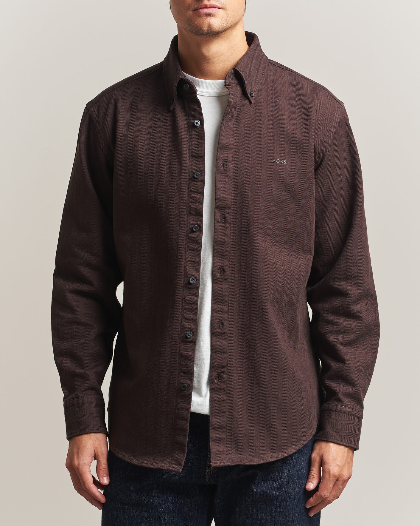 Uomini | Camicie | BOSS ORANGE | Ricopuls Brushed Herringbone Shirt Dark Brown