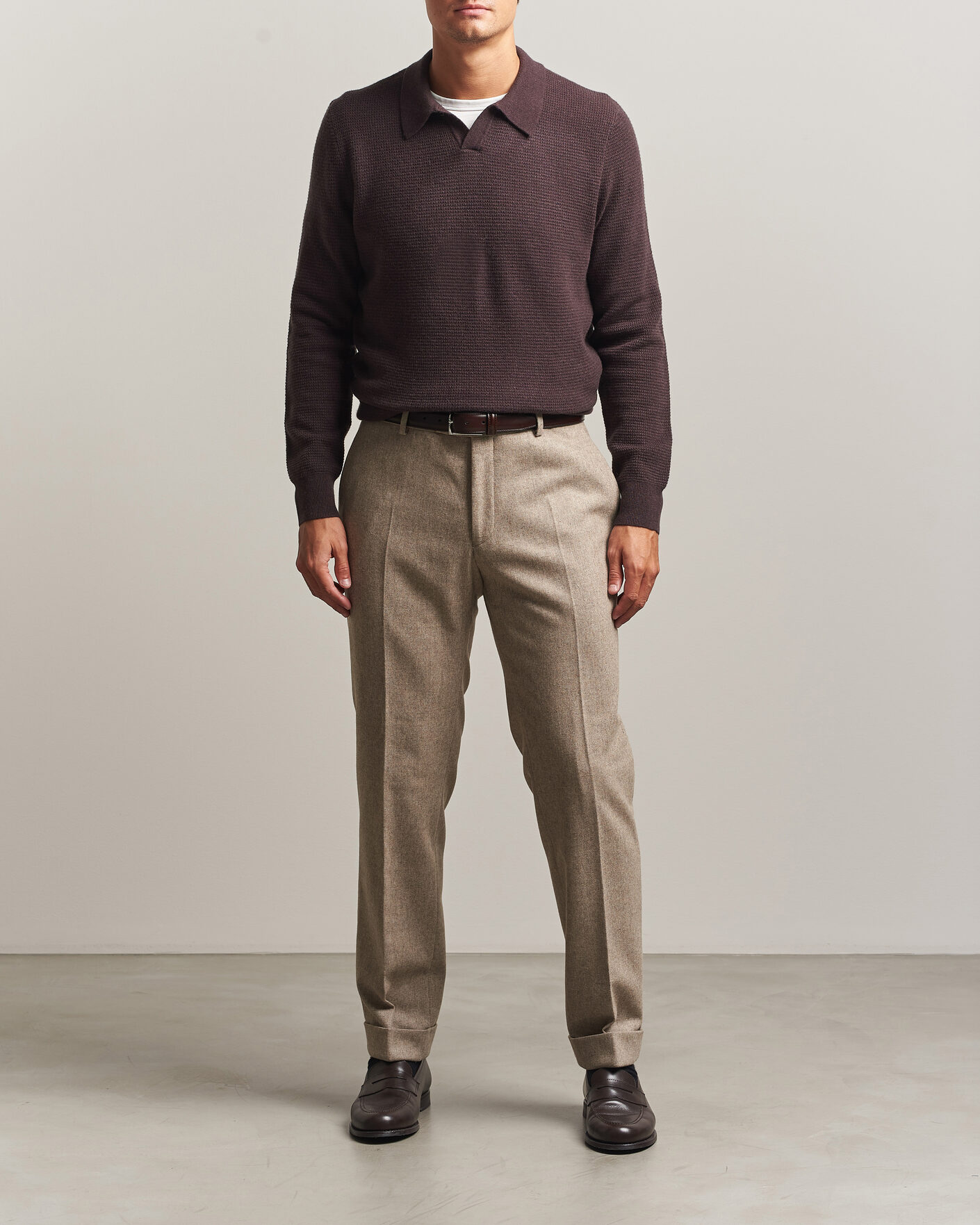 Uomini | Maglieria | BOSS CAMEL | Filo Wool Knitted Polo Open Brown