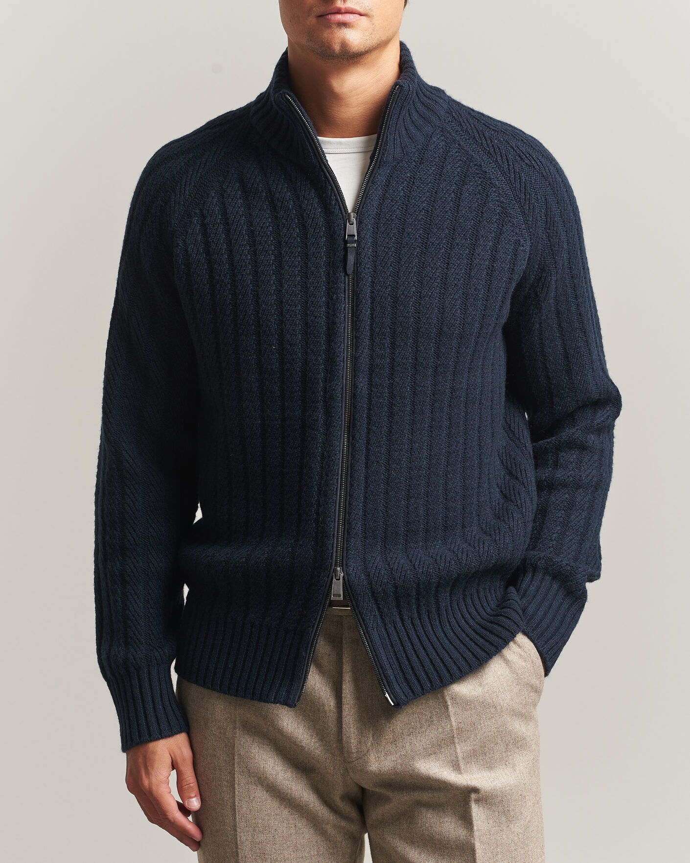 Uomini | Maglieria | BOSS CAMEL | Filane Wool Knitted Full Zip Dark Blue