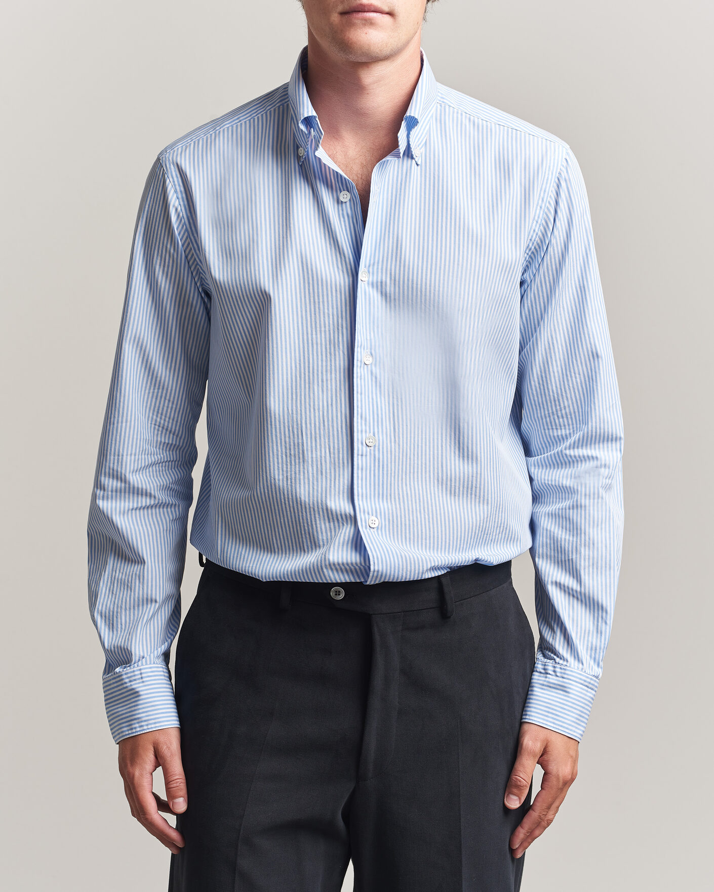 Uomini | Camicie | Grigio | Popeline Button Down Shirt Light Blue Stripe