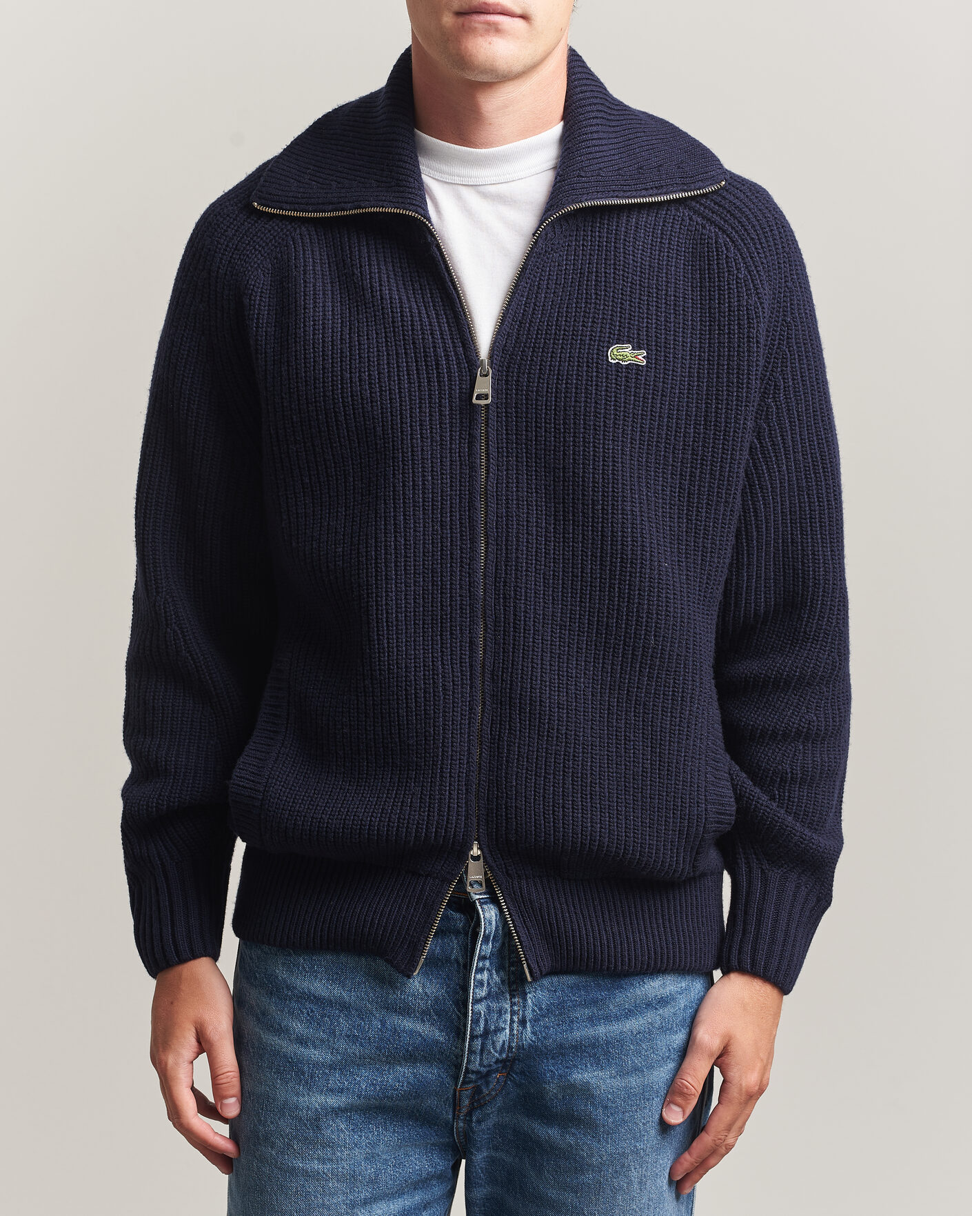 Uomini | Maglieria | Lacoste | Heavy Wool Knitted Full Zip Navy Blue
