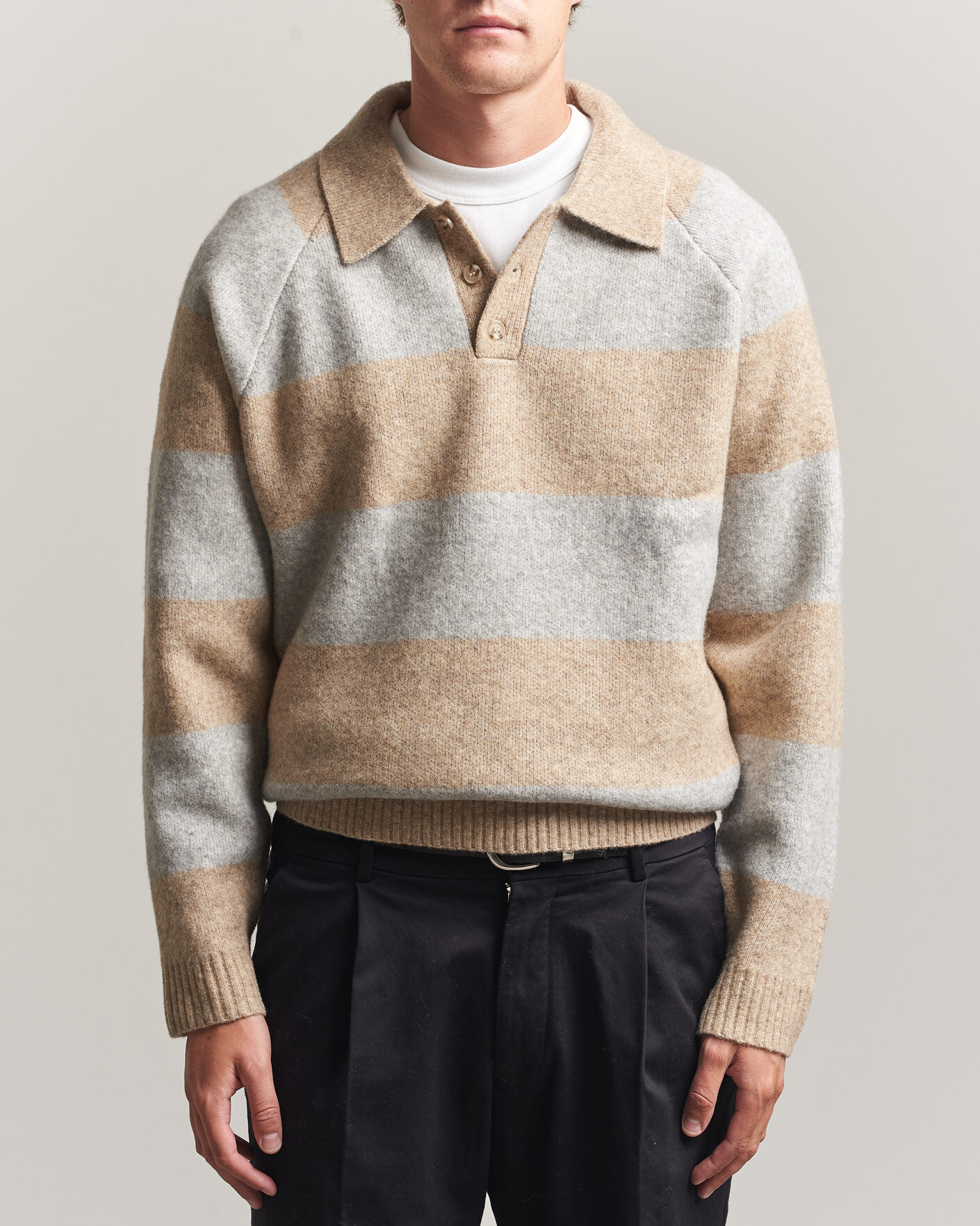 Uomini | Maglieria | LES DEUX | Striped Melange Knit Polo Light Sand Melange