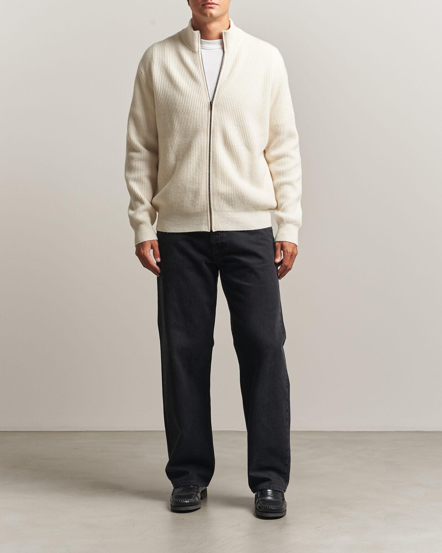 Uomini | Maglieria | LES DEUX | Wool Rib Zipper Knit Ivory Melange