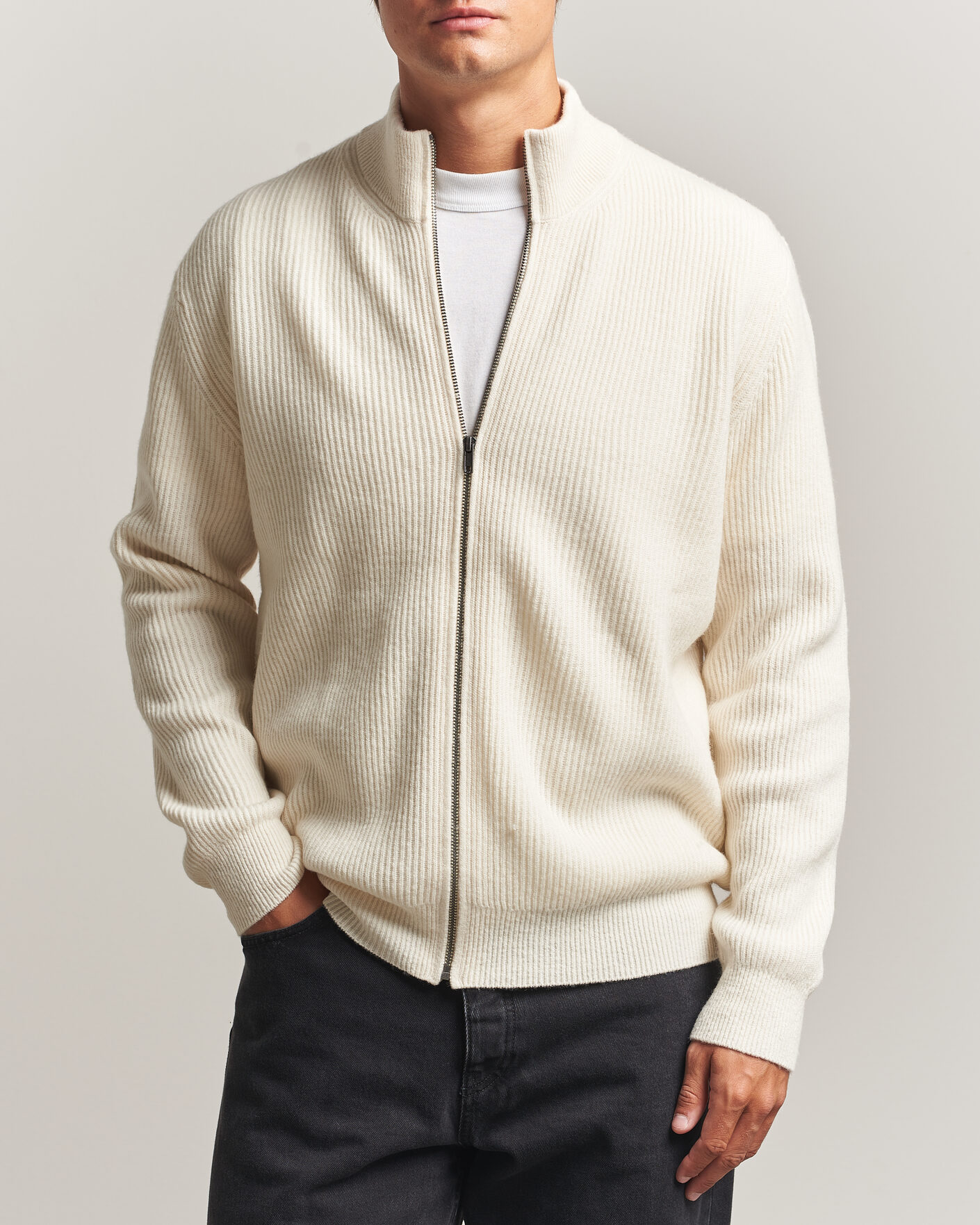 Uomini | Maglieria | LES DEUX | Wool Rib Zipper Knit Ivory Melange