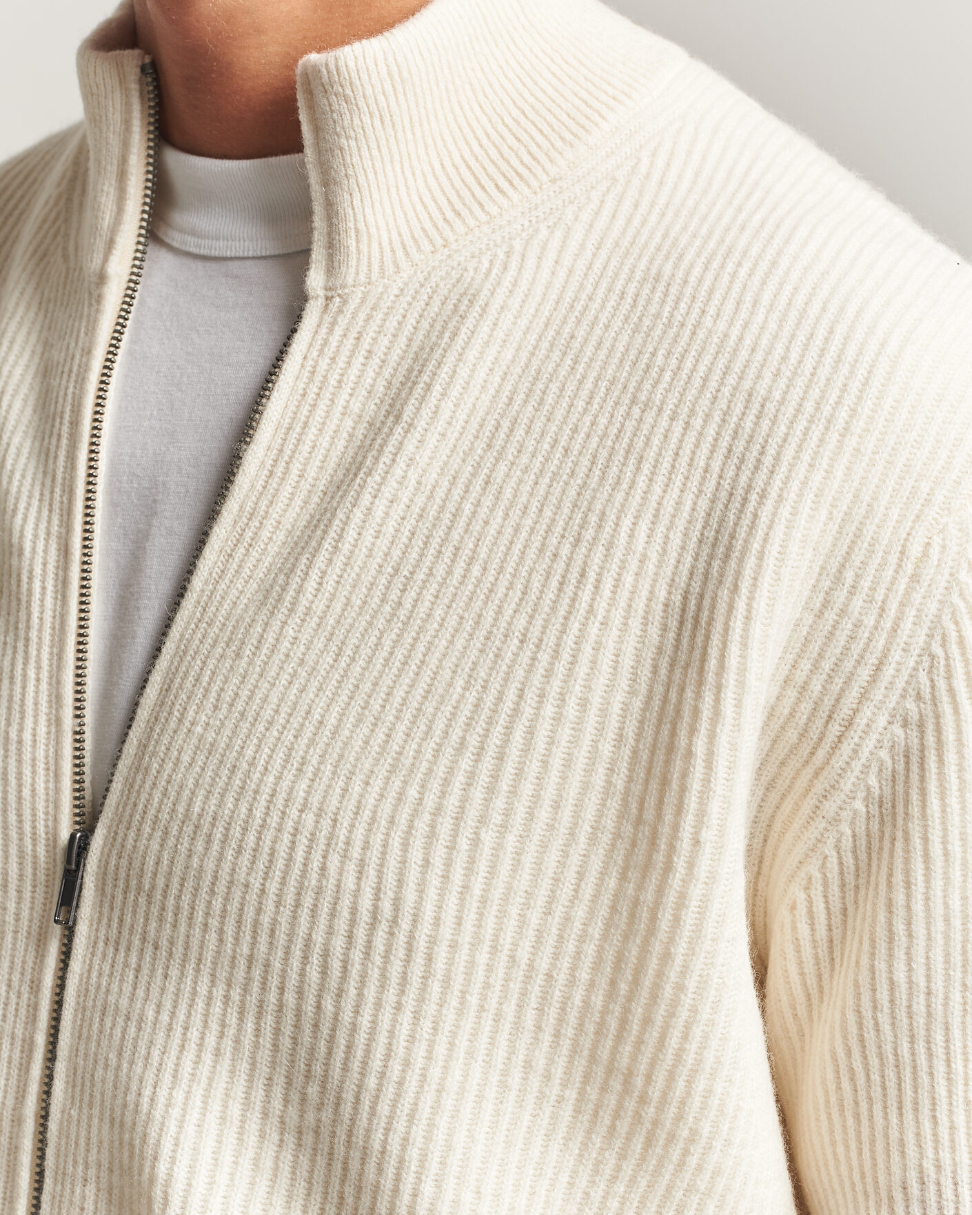 Uomini | Maglieria | LES DEUX | Wool Rib Zipper Knit Ivory Melange