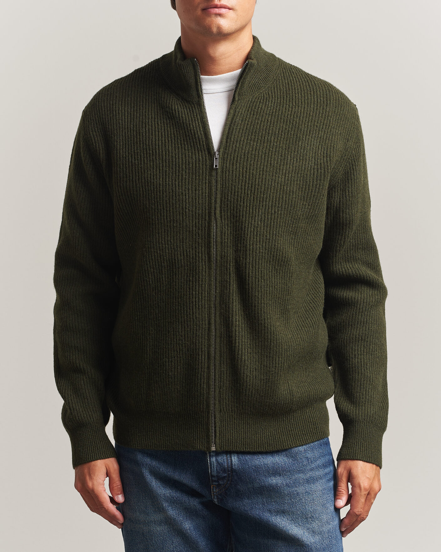 Uomini | Maglieria | LES DEUX | Wool Rib Knitter Zip Rosin Green