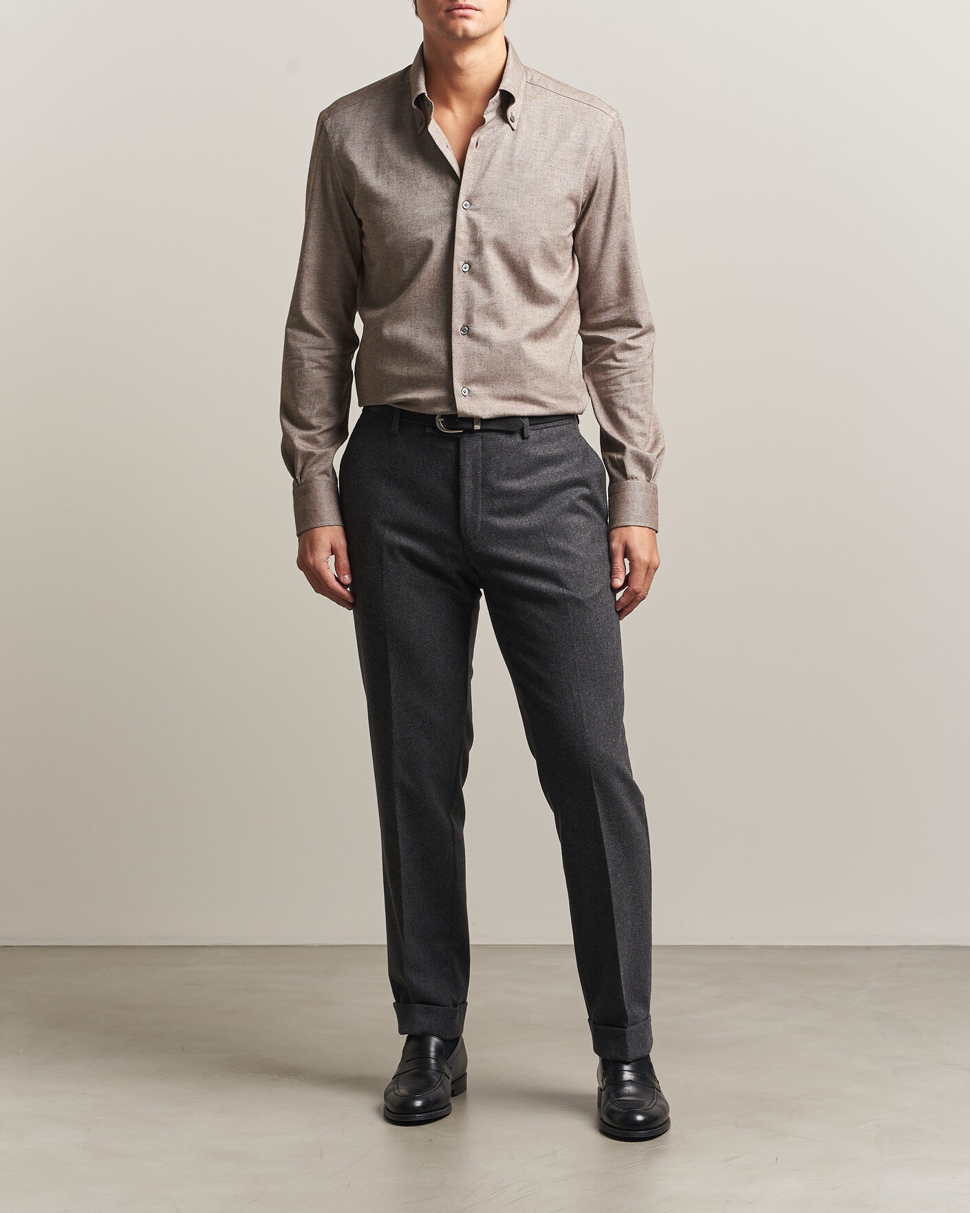 Uomini | Camicie | Mazzarelli | Soft Flannel Button Down Shirt Taupe