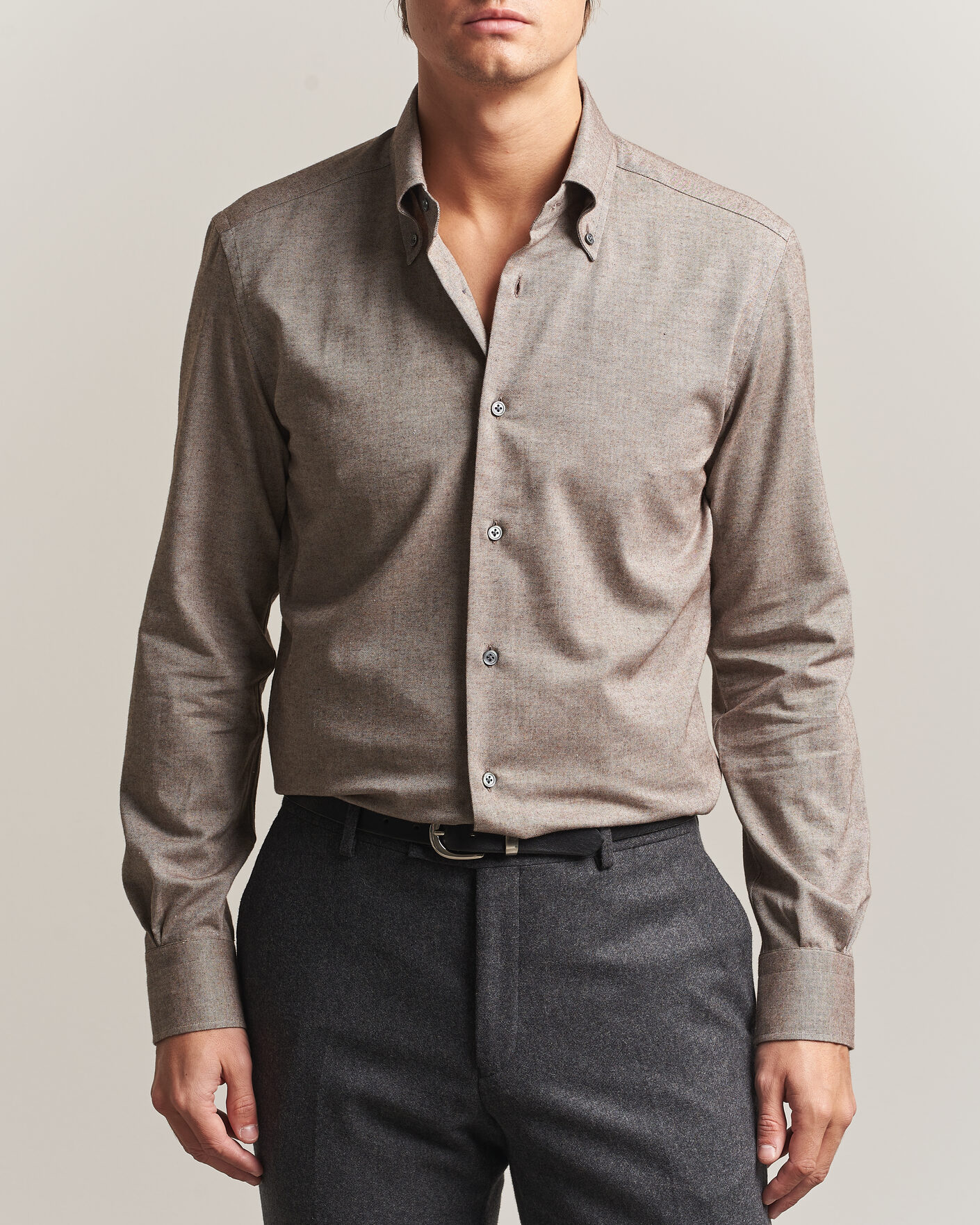 Uomini | Camicie | Mazzarelli | Soft Flannel Button Down Shirt Taupe