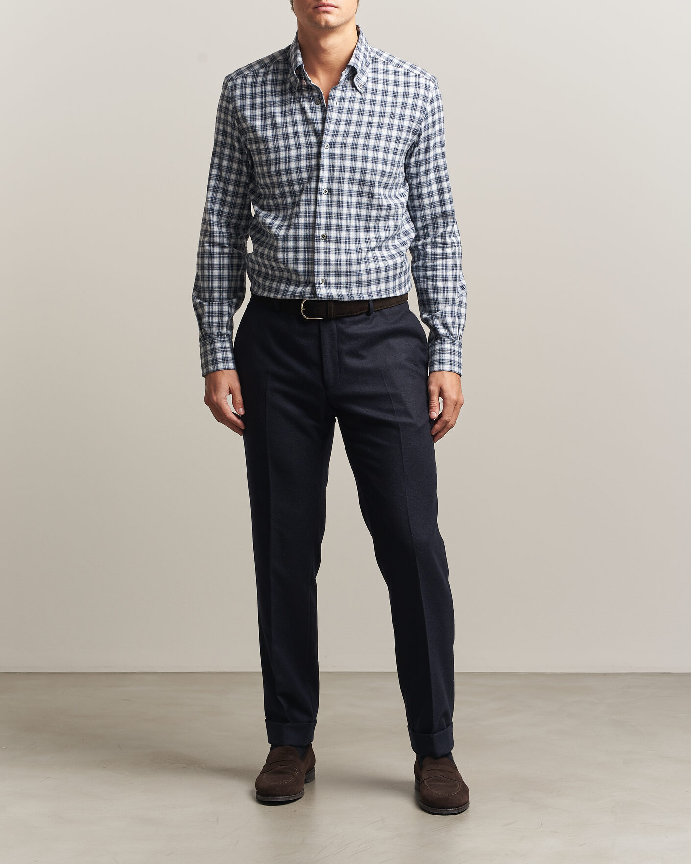Uomini | Camicie | Mazzarelli | Soft Flannel Button Down Shirt Navy