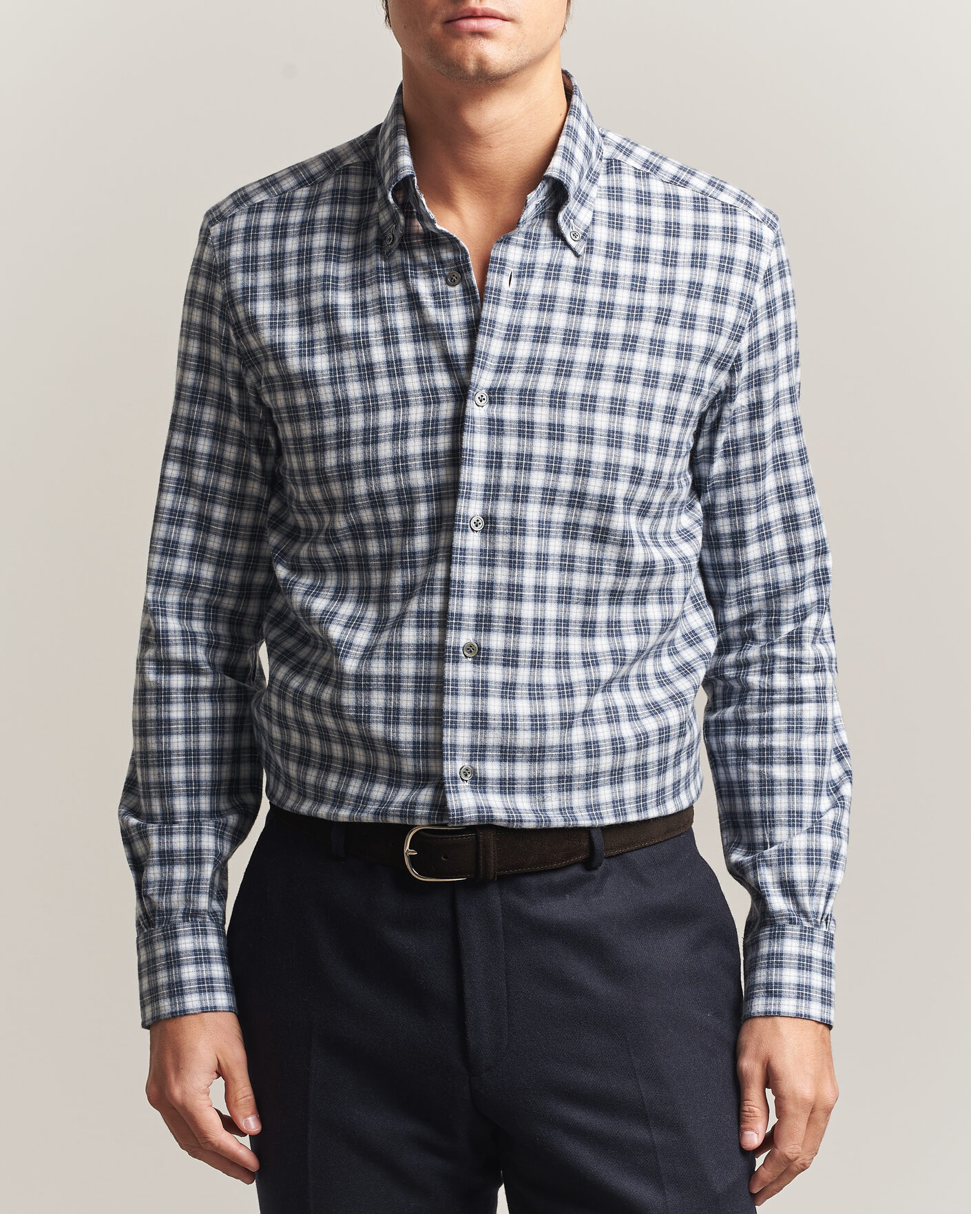 Uomini | Camicie | Mazzarelli | Soft Flannel Button Down Shirt Navy