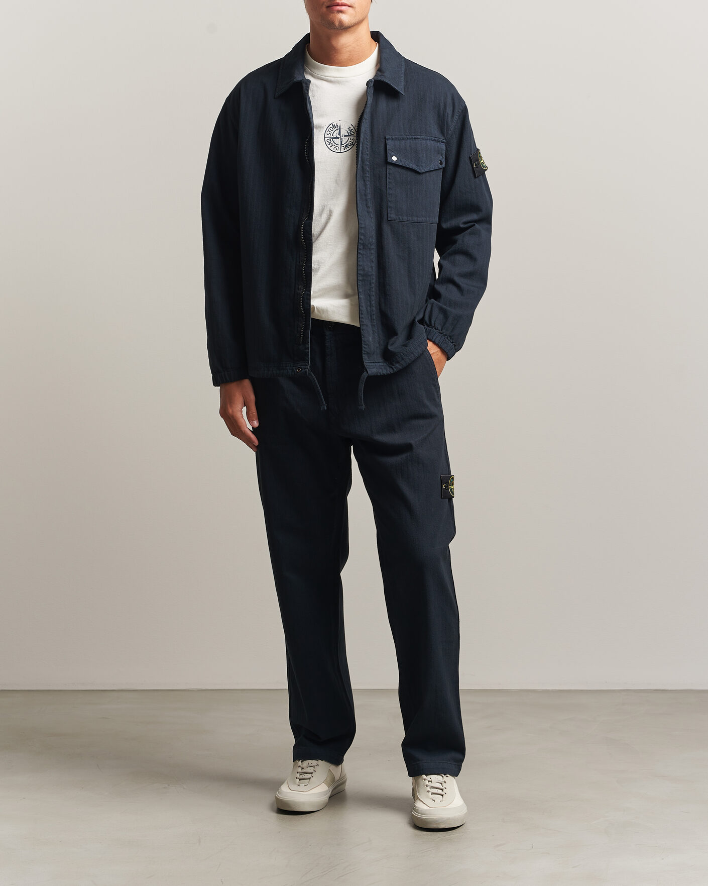 Uomini | Camicie | Stone Island | Garment Dyed Cotton Herringbone Overshirt Navy Blue
