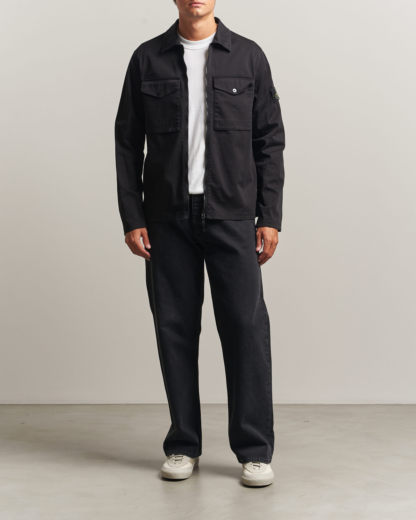 Uomini | Camicie | Stone Island | Organic Cotton Satin Stretch Zip Overshirt Black