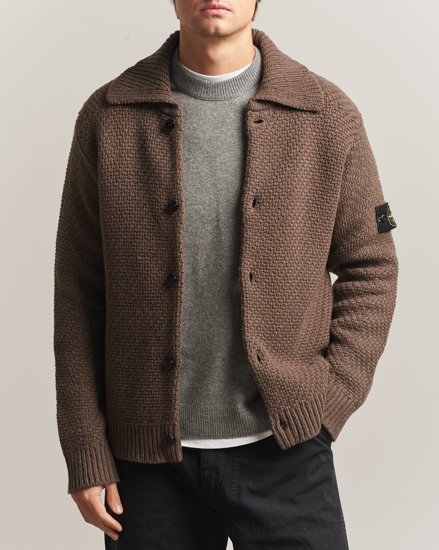 Uomini | Maglieria | Stone Island | Basket Stitch Lambswool Cardigan Umber Melange