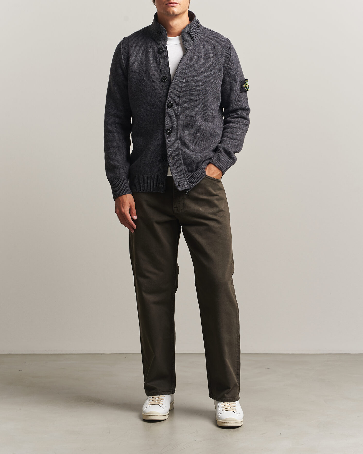 Uomini | Maglieria | Stone Island | Knitted Lambswool Zip Button Cardigan Melange Lead