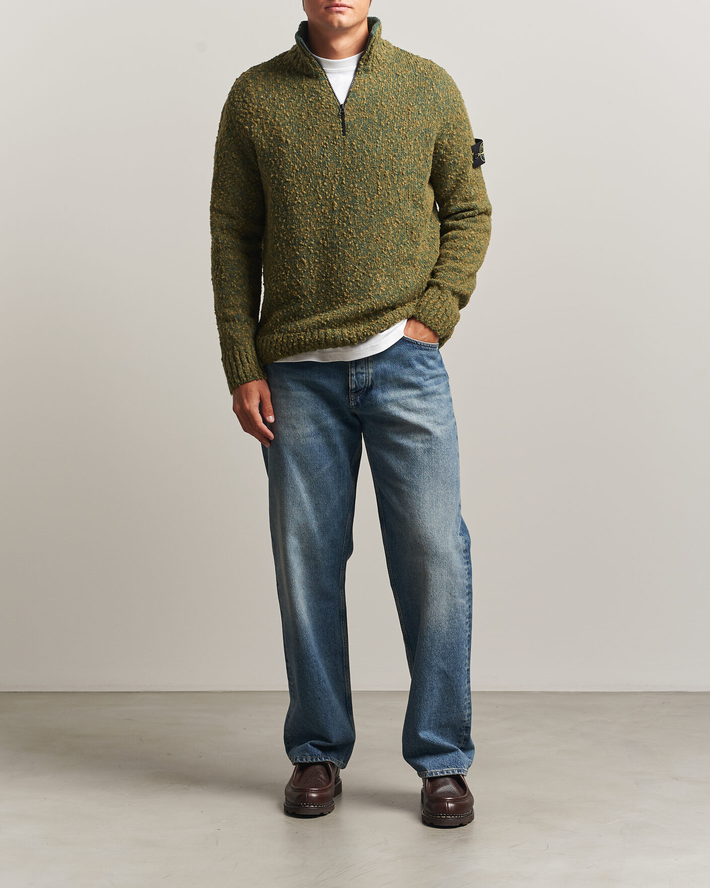 Uomini | Maglieria | Stone Island | Speckled Wool/Nylon Half Zip Dark Green Melange