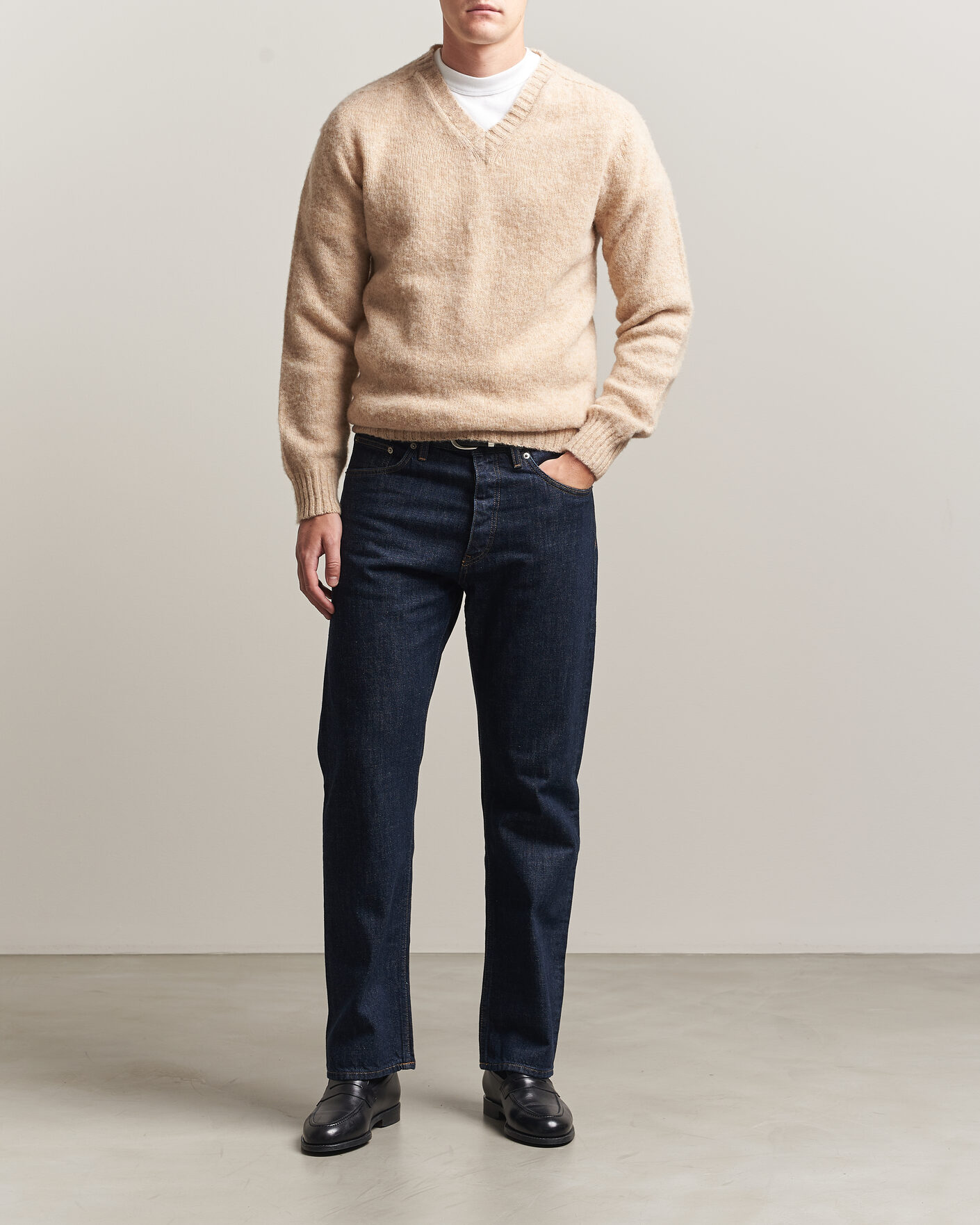 Uomini | Maglieria | Harley Of Scotland for Care of Carl | Brushed Supersoft Lambswool V-Neck Beige