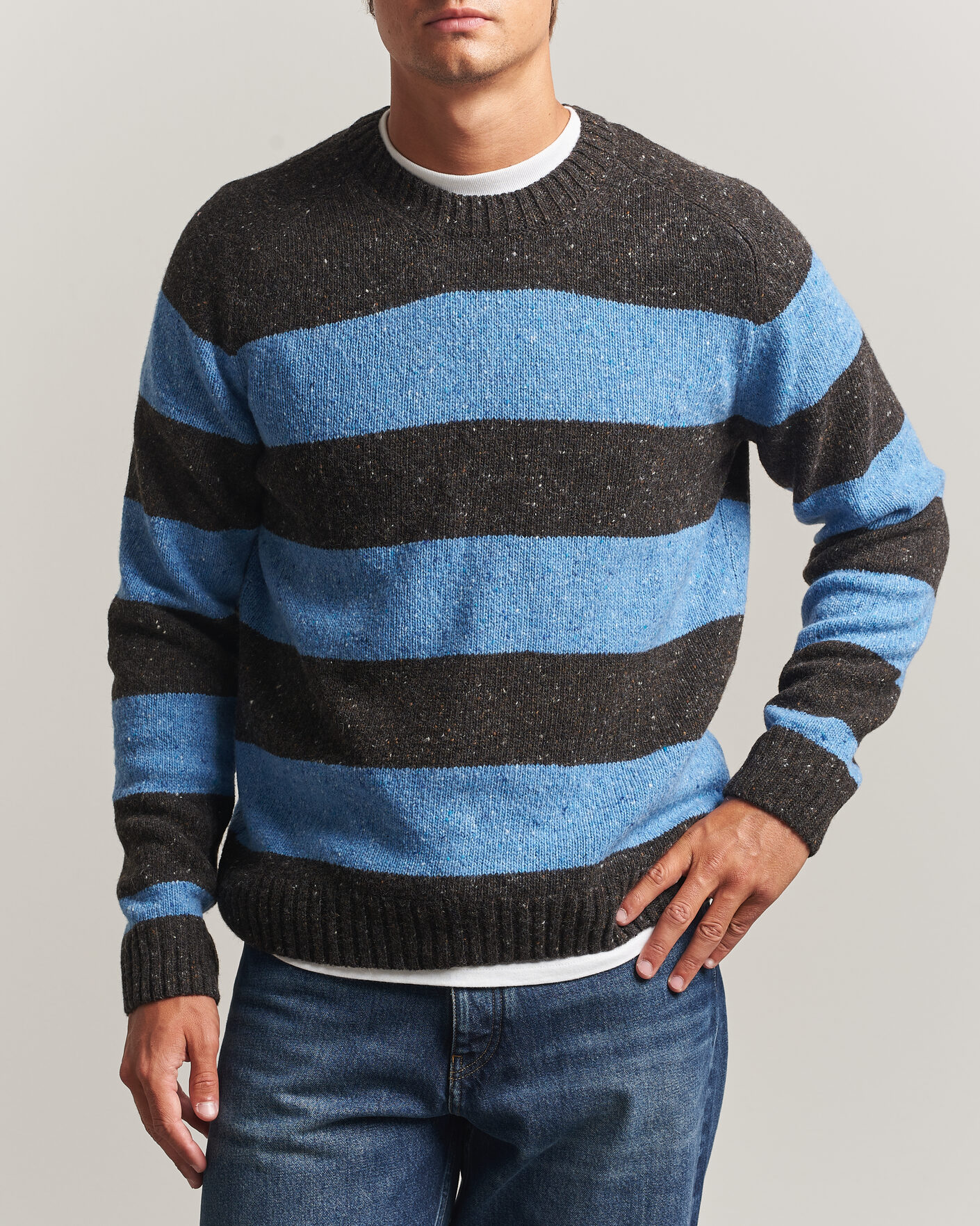 Uomini | Maglieria | Samsøe Samsøe | Nate Donegal Wool Knitted Striped Sweater Brown/Blue