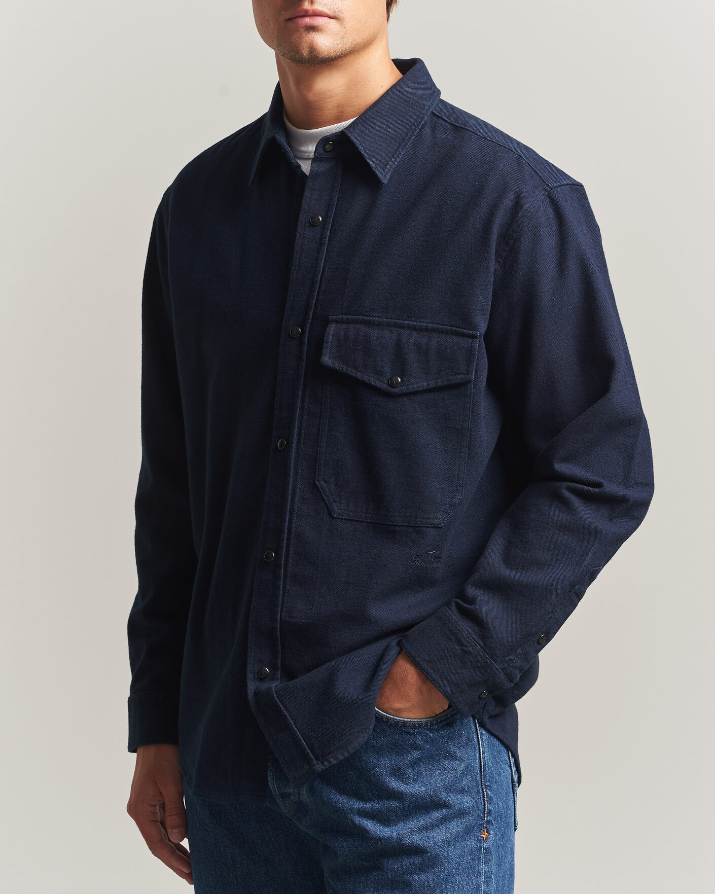 Uomini | Camicie | Stone Island | Organic Cotton Flannel Denim Shirt Indigo