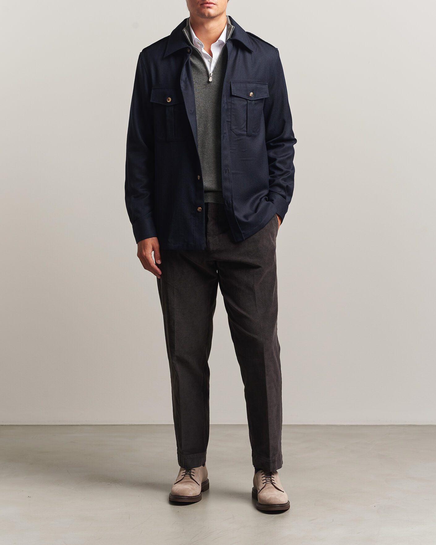 Uomini | Camicie | Brunello Cucinelli | Flannel Double Pocket Overshirt Navy