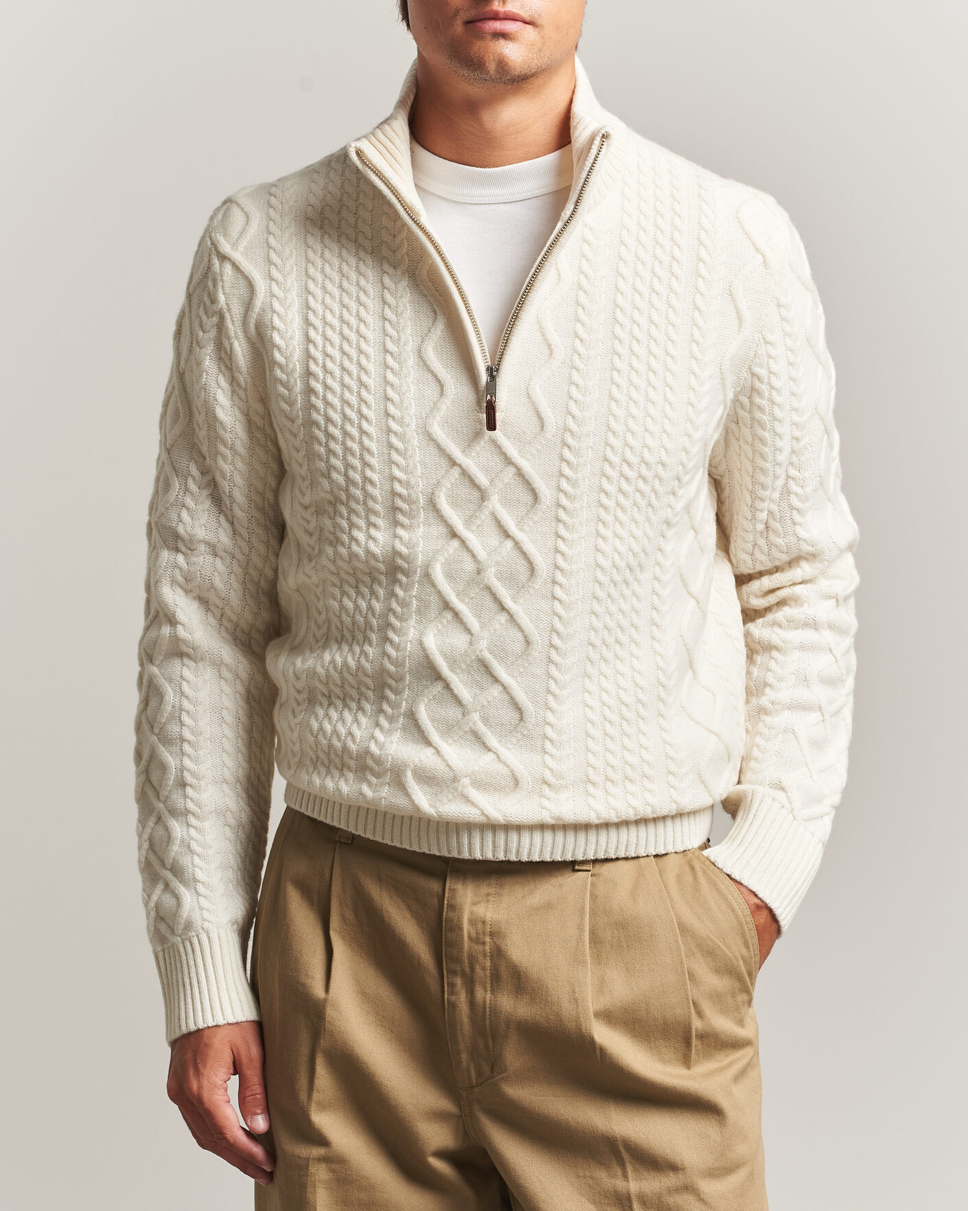 Uomini | Maglieria | Gant | Wool Cable Knitted Half Zip Cream