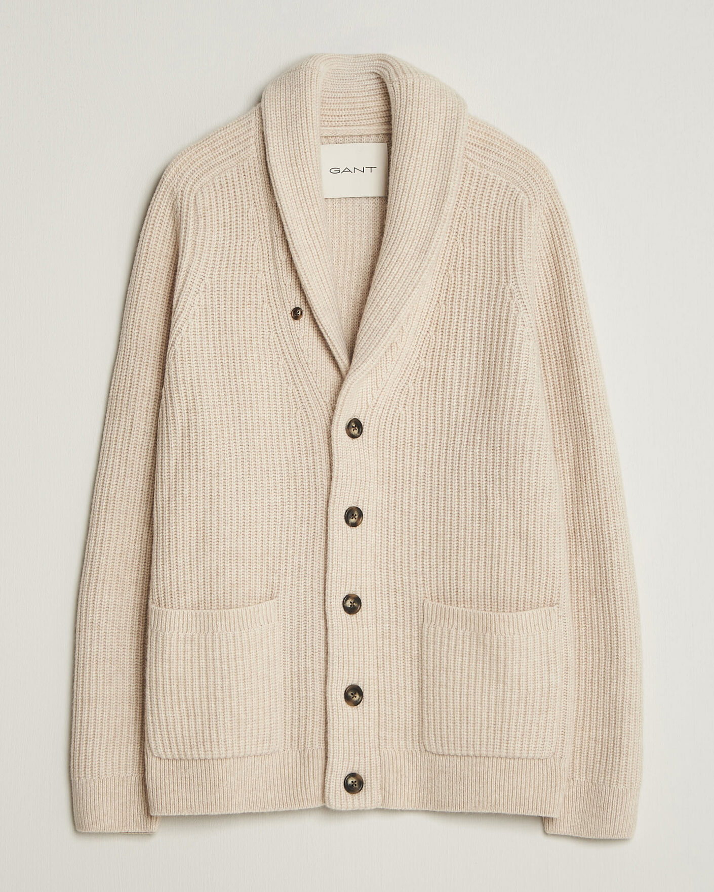 Uomini | Maglieria | Gant | Wool/Cotton Ribbed Shawl Collar Cardigan Light Beige