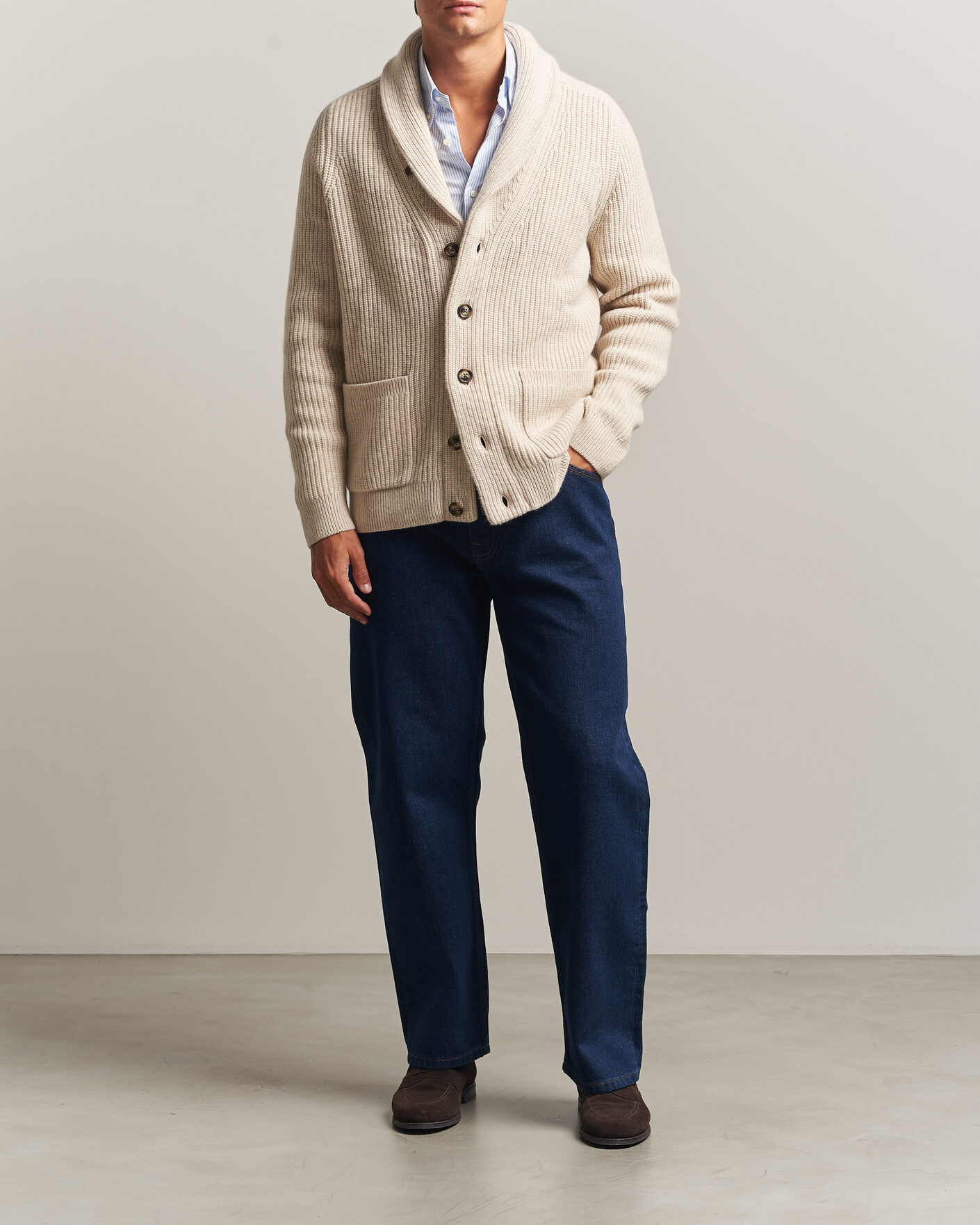 Uomini | Maglieria | Gant | Wool/Cotton Ribbed Shawl Collar Cardigan Light Beige