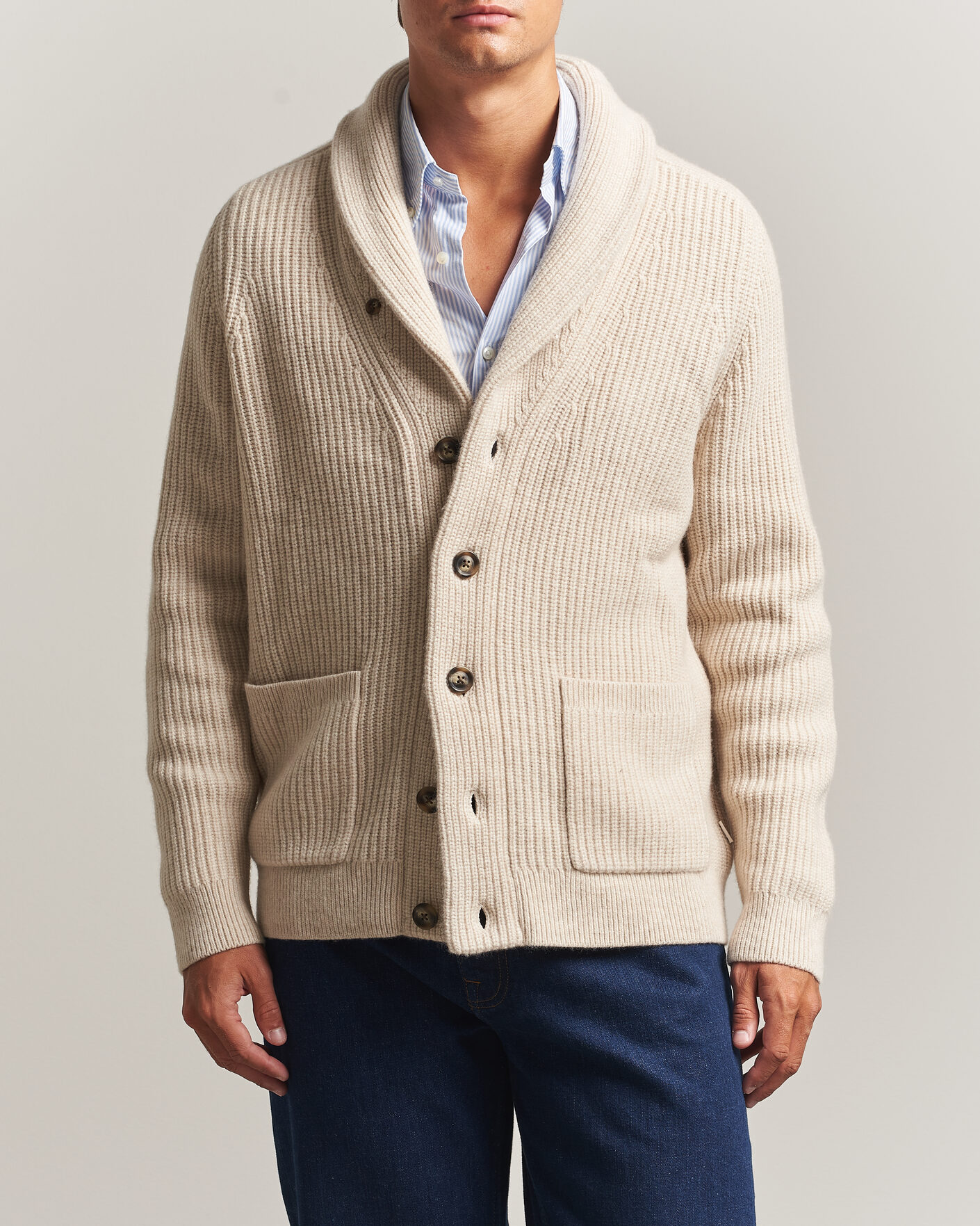 Uomini | Maglieria | Gant | Wool/Cotton Ribbed Shawl Collar Cardigan Light Beige