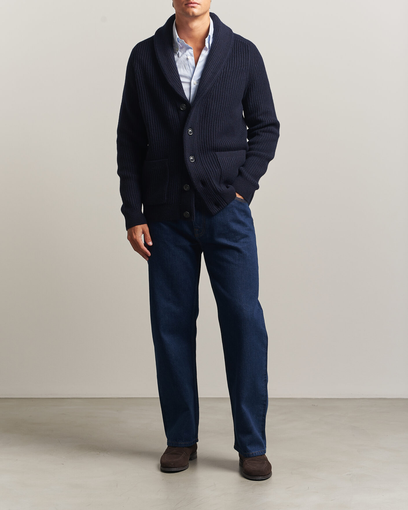 Uomini | Maglieria | Gant | Wool/Cotton Ribbed Shawl Collar Cardigan Evening Blue