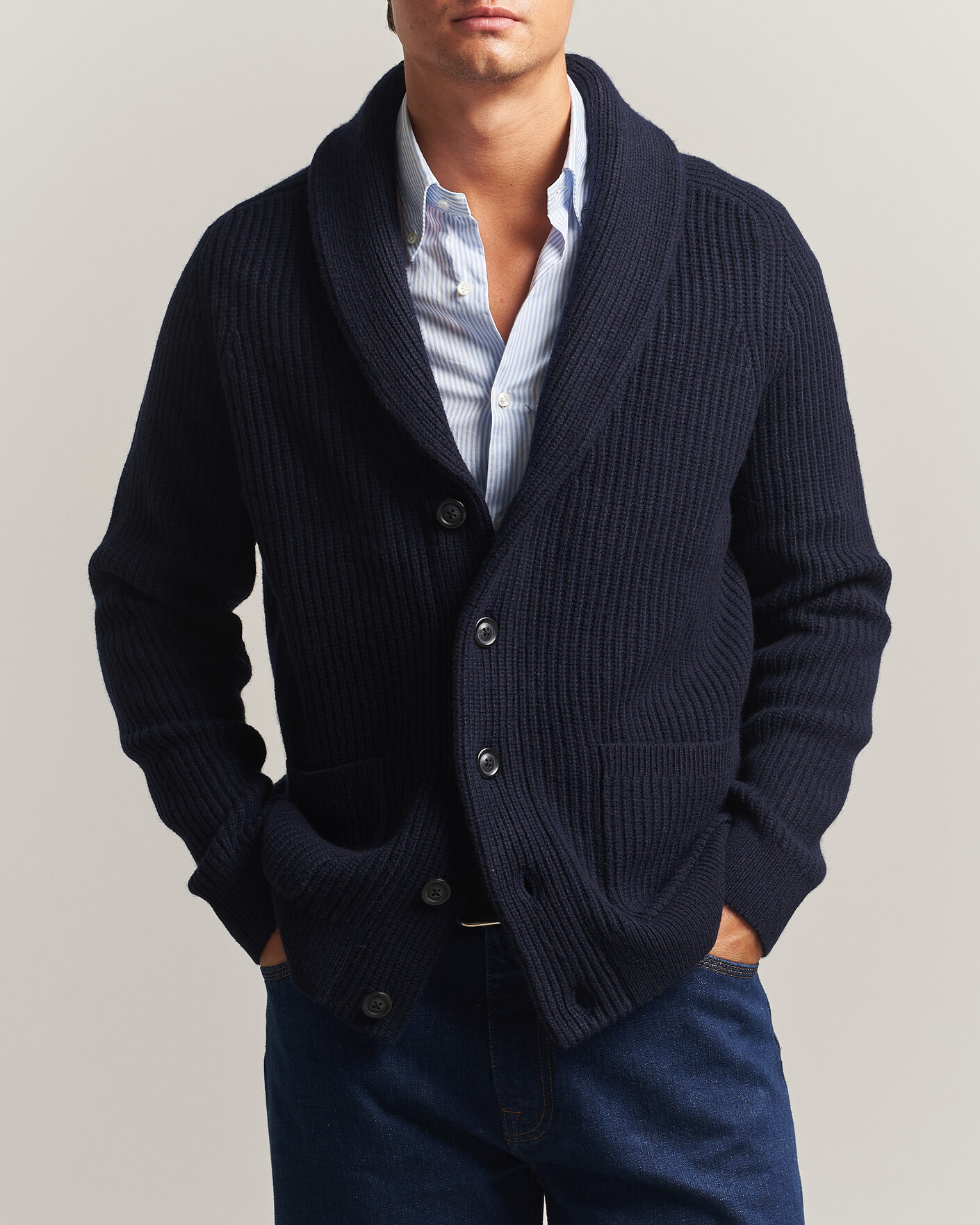 Uomini | Maglieria | Gant | Wool/Cotton Ribbed Shawl Collar Cardigan Evening Blue
