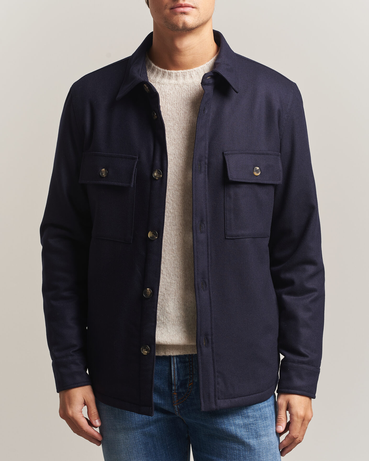 Uomini | Giacche | Jacob Cohën | Wool Flannel Eco Fur Lined Shirt Jacket Navy