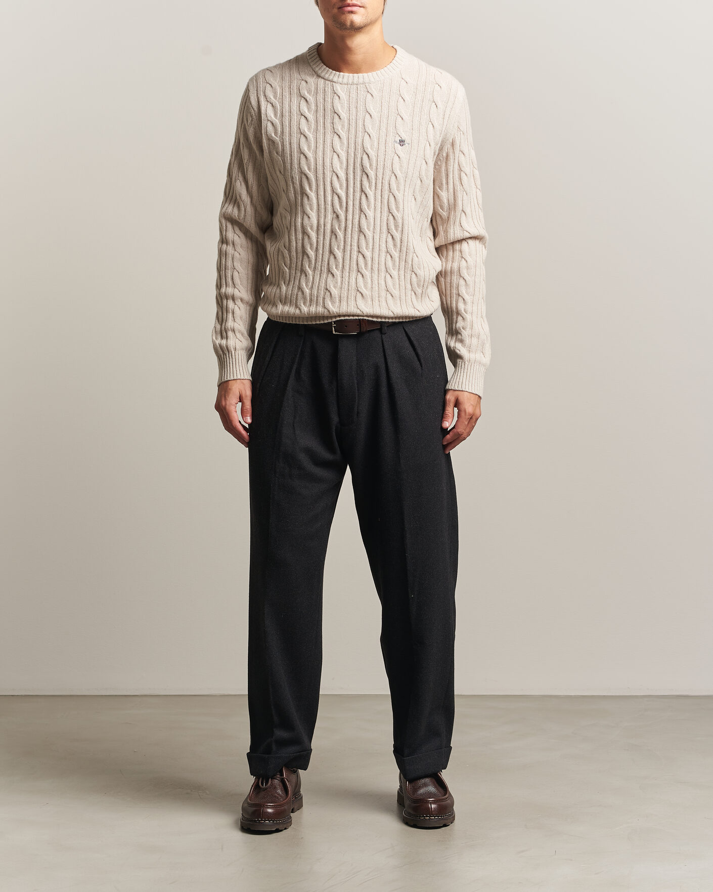 Uomini | Maglieria | Gant | Lambswool Cable Crew Neck Clay Beige