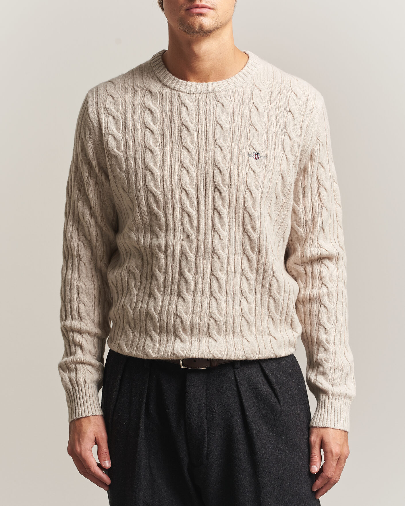 Uomini | Maglieria | Gant | Lambswool Cable Crew Neck Clay Beige