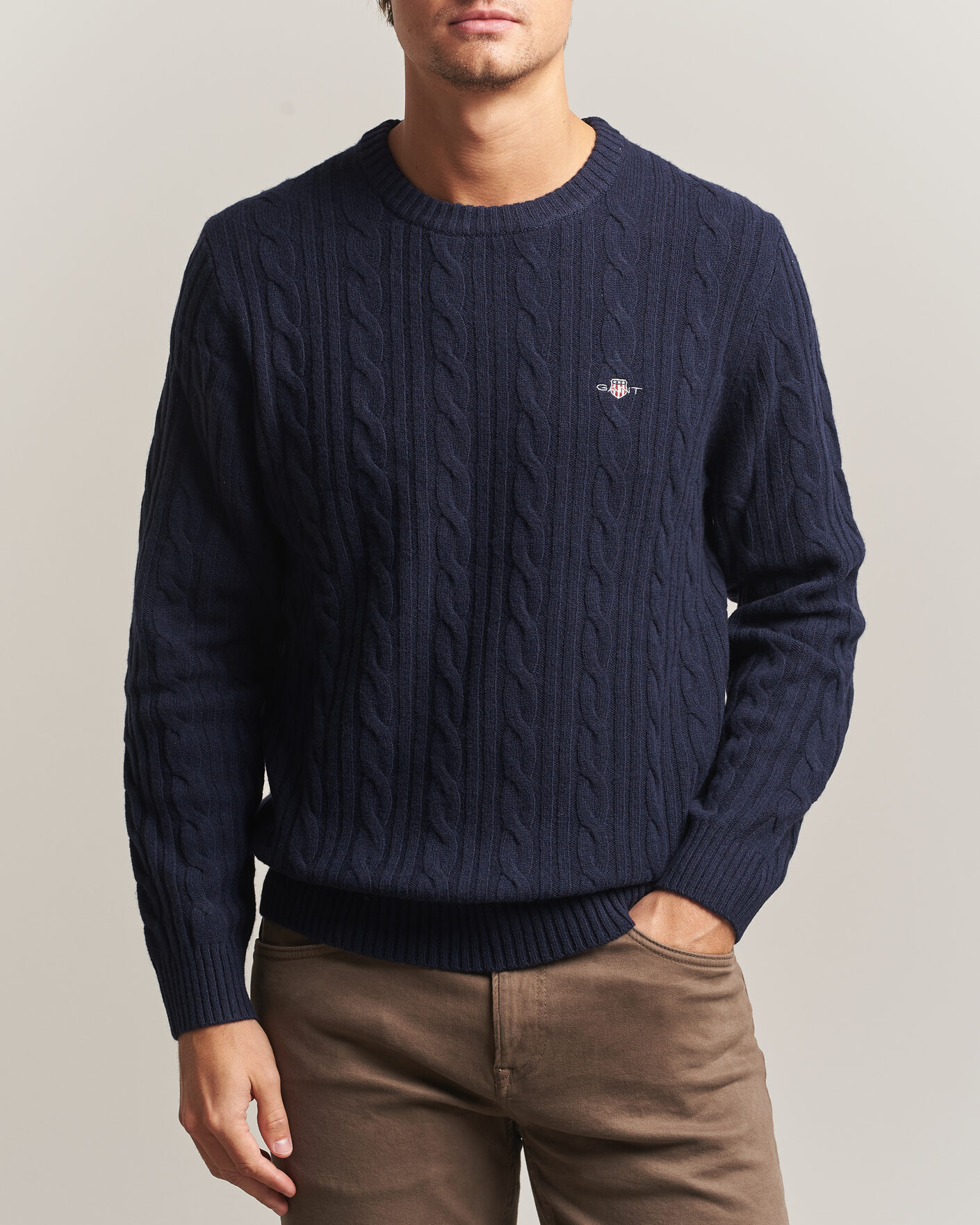 Uomini | Maglieria | Gant | Lambswool Cable Crew Neck Evening Blue
